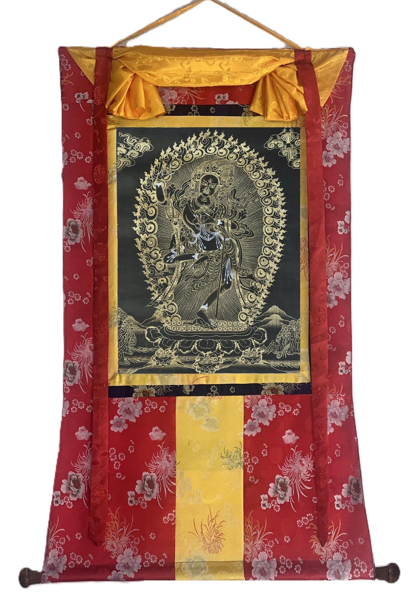 Hand Painted Vajravarahi Thangka: Black and Gold Tibetan Buddhist Art with Silk