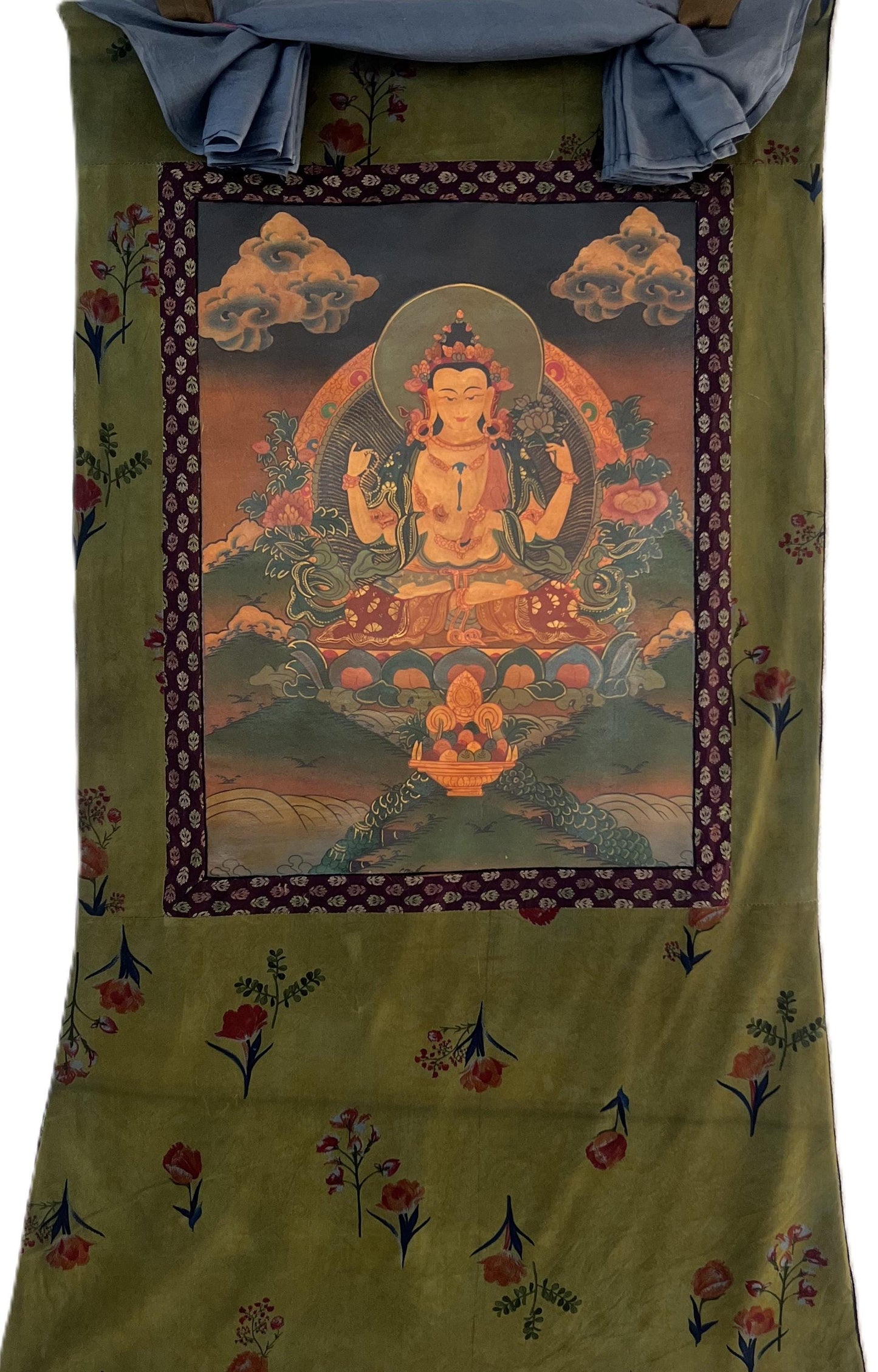 Hand-Painted Avalokiteshvara Thangka: Old Oiled Chenrezig Art, Cotton Brocade