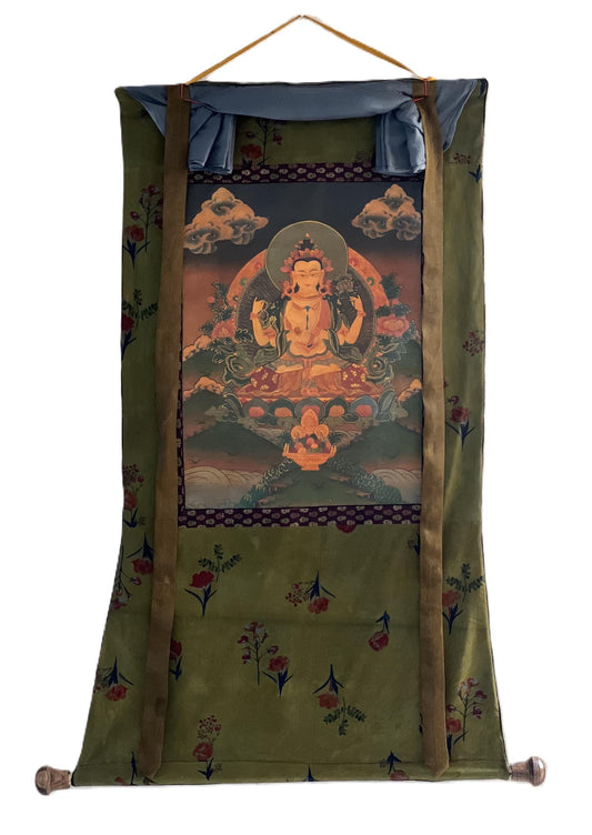 Hand-Painted Avalokiteshvara Thangka: Old Oiled Chenrezig Art, Cotton Brocade