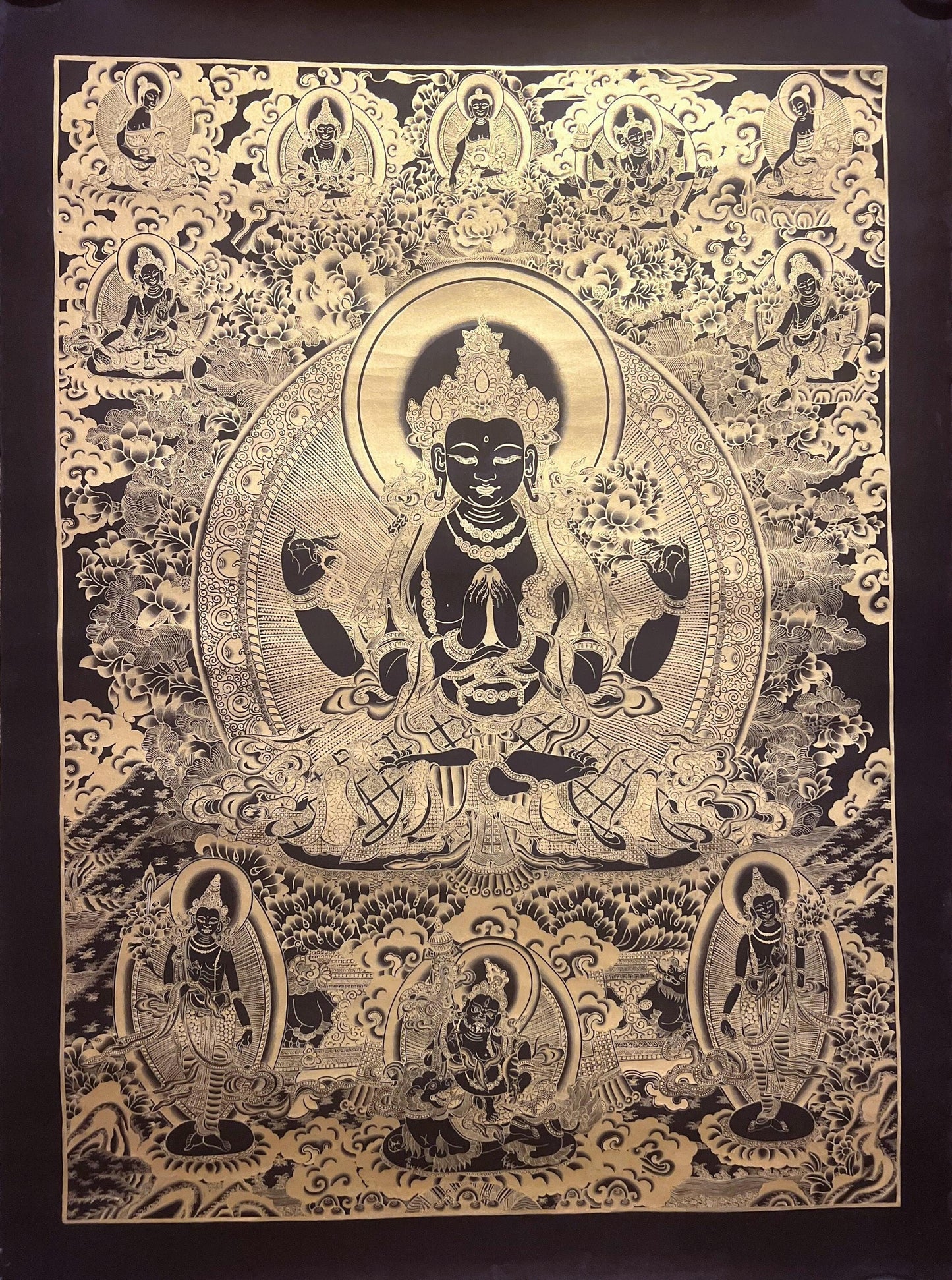 Avalokiteshvara Chenrezig Black and Gold Tibetan Thangka – Compassion Buddha Meditation Art
