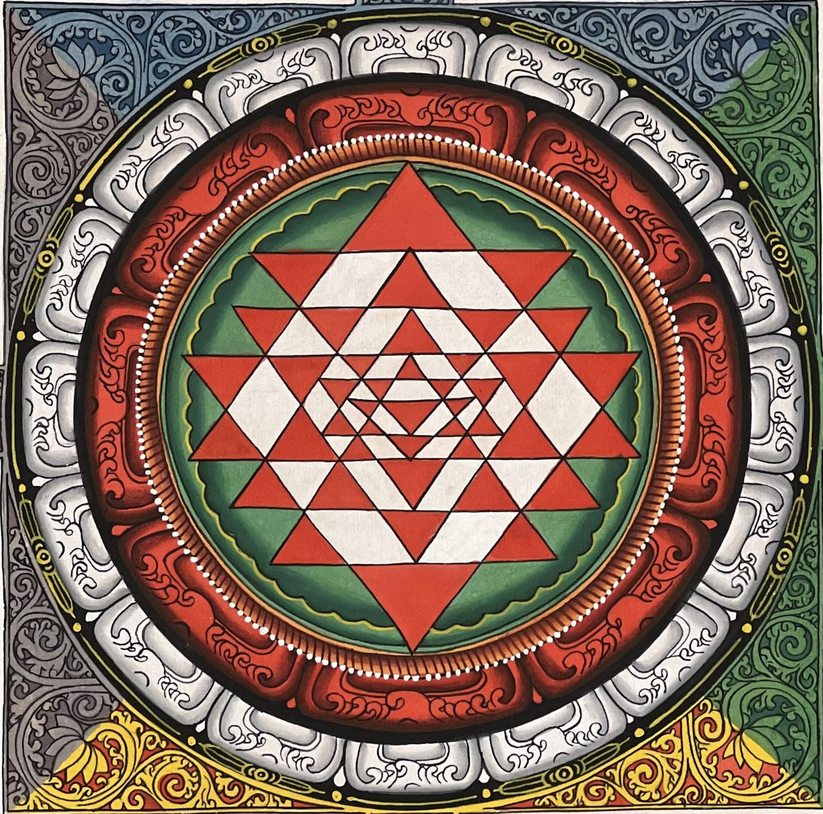 Hand-Painted Sri Yantra Mandala Thangka Painting with Silk Frame