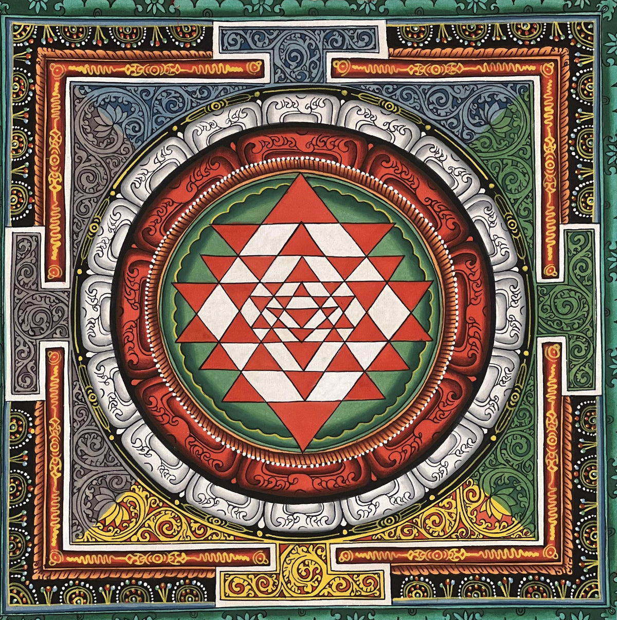 Hand-Painted Sri Yantra Mandala Thangka Painting with Silk Frame