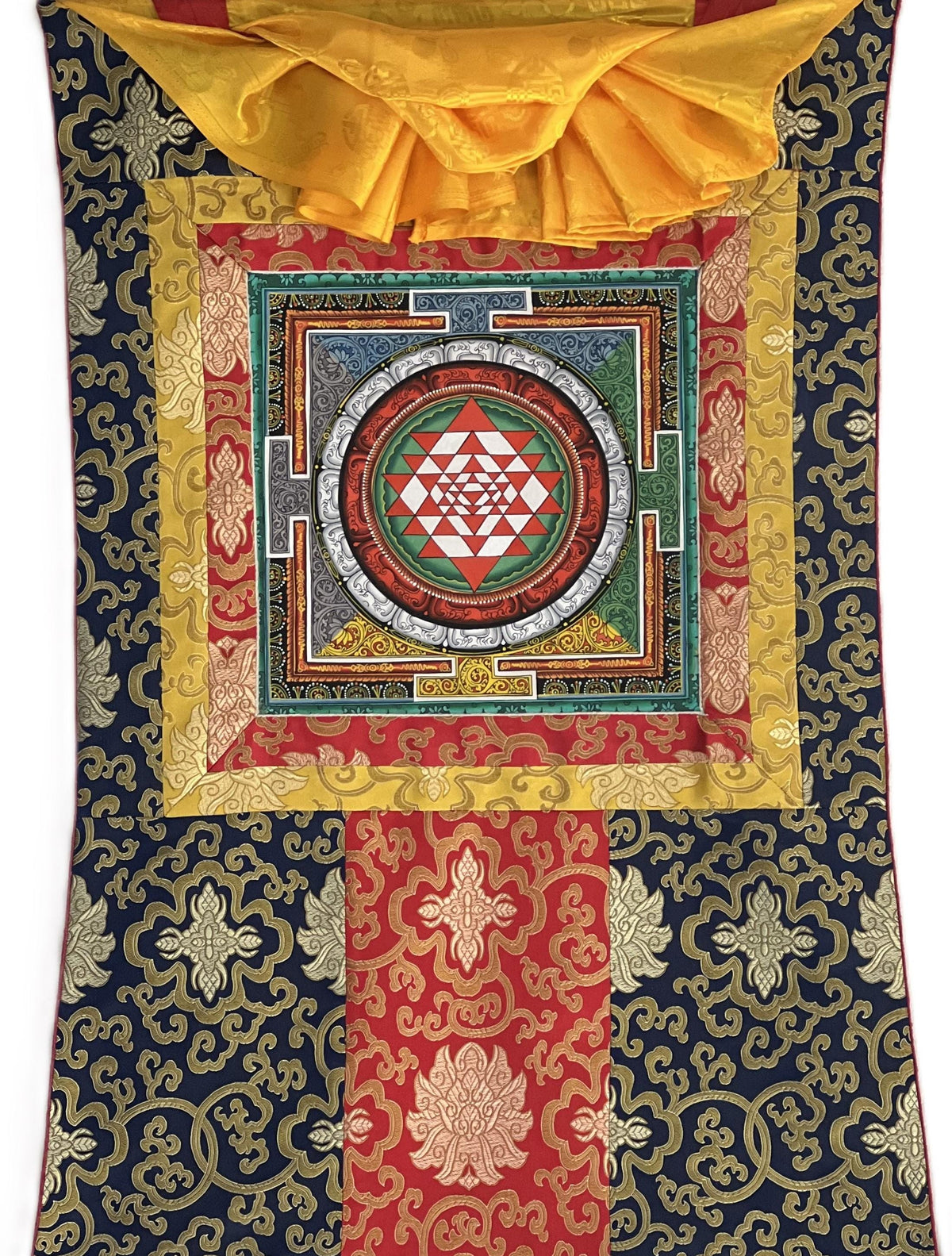 Hand-Painted Sri Yantra Mandala Thangka Painting with Silk Frame