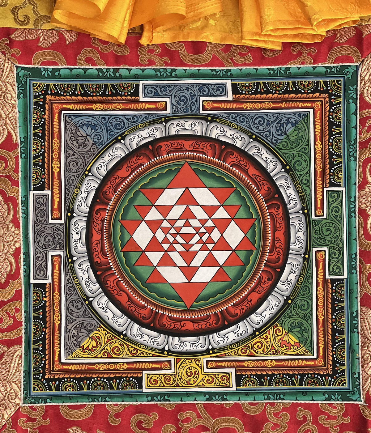 Hand-Painted Sri Yantra Mandala Thangka Painting with Silk Frame