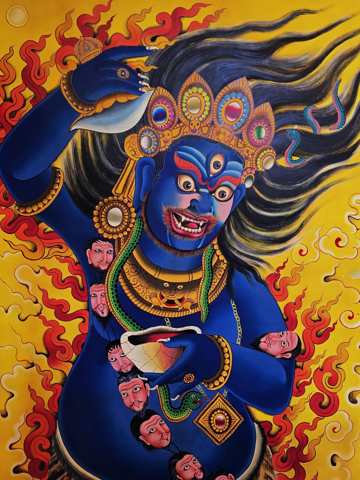 Hand Painted Mahakala Thangka, Newari Style Tibetan Art (32x44 In)