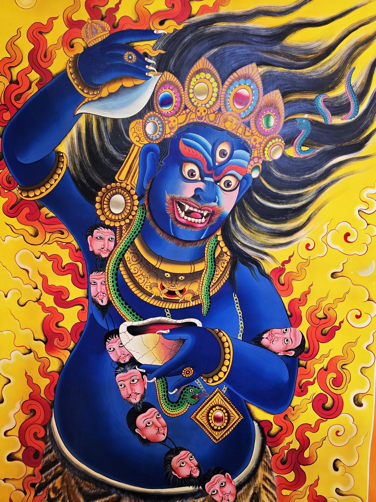Hand Painted Mahakala Thangka, Newari Style Tibetan Art (32x44 In)