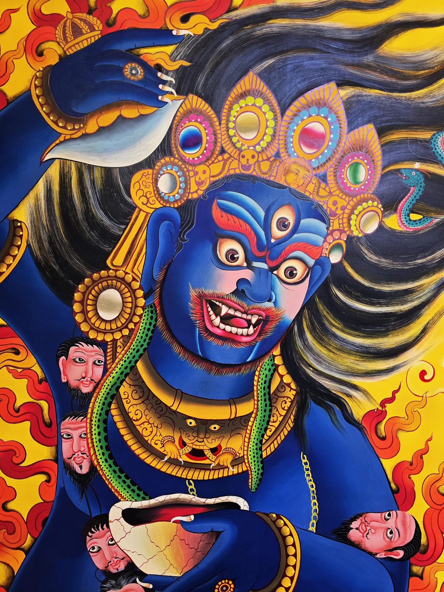 Hand Painted Mahakala Thangka, Newari Style Tibetan Art (32x44 In)