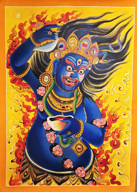 Hand Painted Mahakala Thangka, Newari Style Tibetan Art (32x44 In)