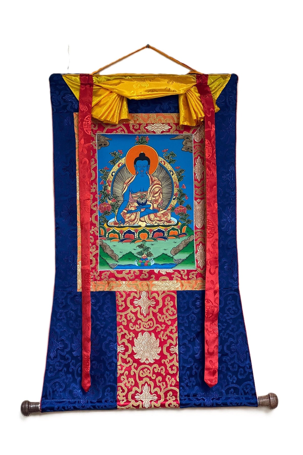 Hand-Painted Medicine Buddha Thangka Painting with Silk Brocade
