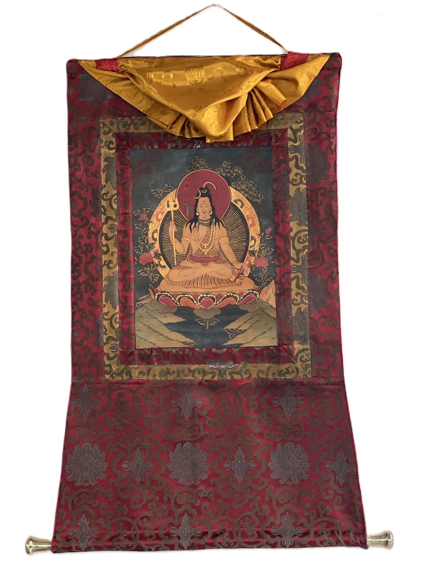 Hand-painted Lord Shiva Thangka Painting on Silk Brocade, Oil Varnished