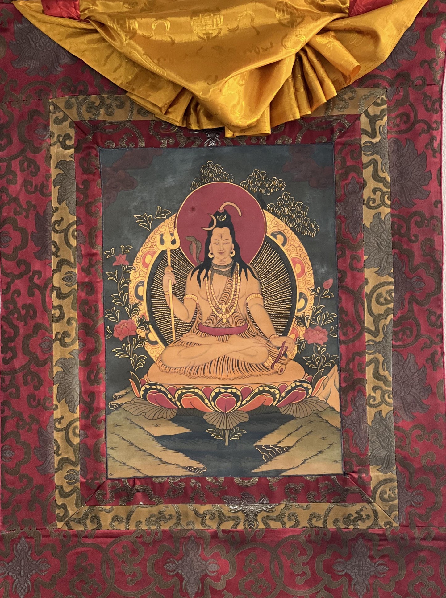 Hand-painted Lord Shiva Thangka Painting on Silk Brocade, Oil Varnished
