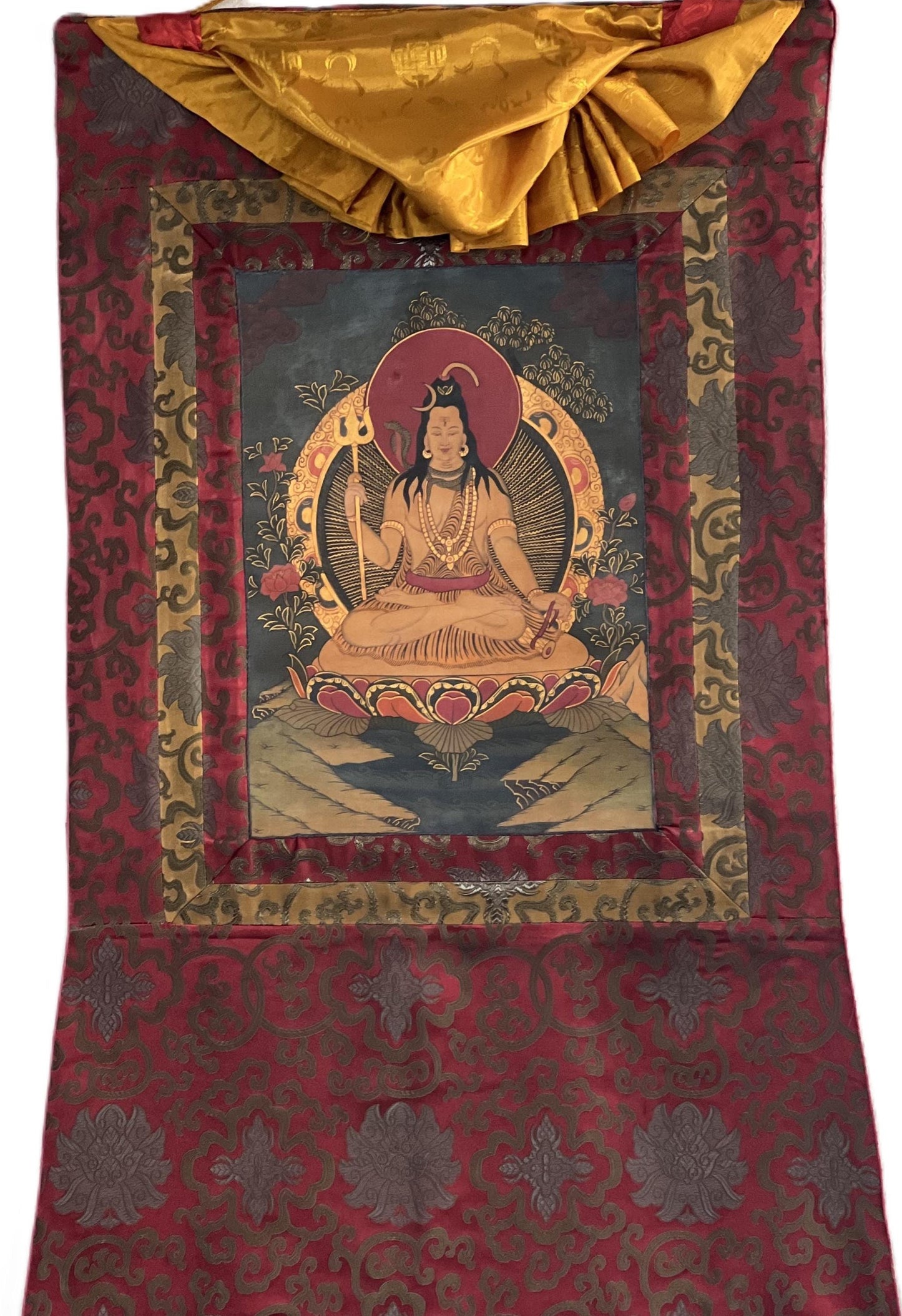 Hand-painted Lord Shiva Thangka Painting on Silk Brocade, Oil Varnished