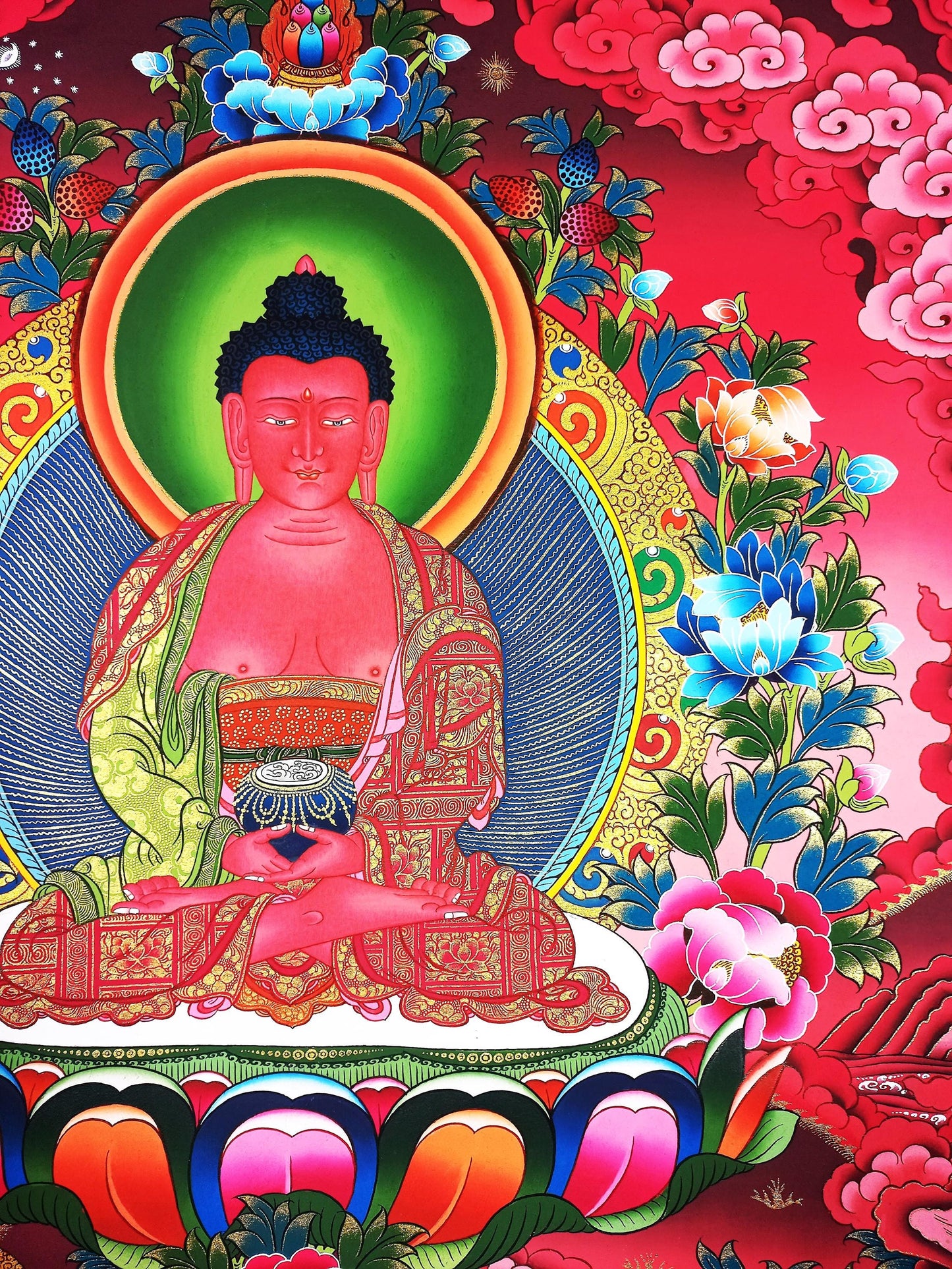 Hand-Painted Amitabha Buddha Thangka: Gold Tibetan Meditation Art