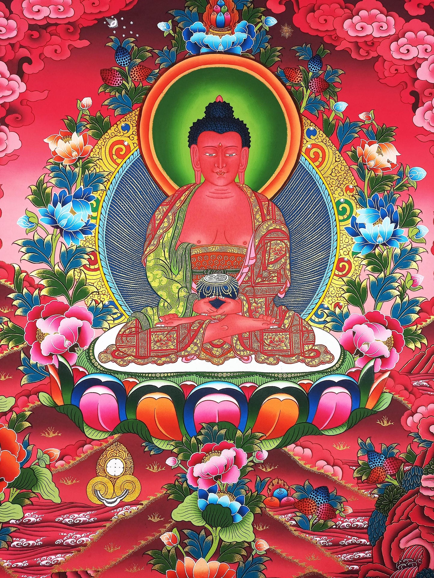 Hand-Painted Amitabha Buddha Thangka: Gold Tibetan Meditation Art