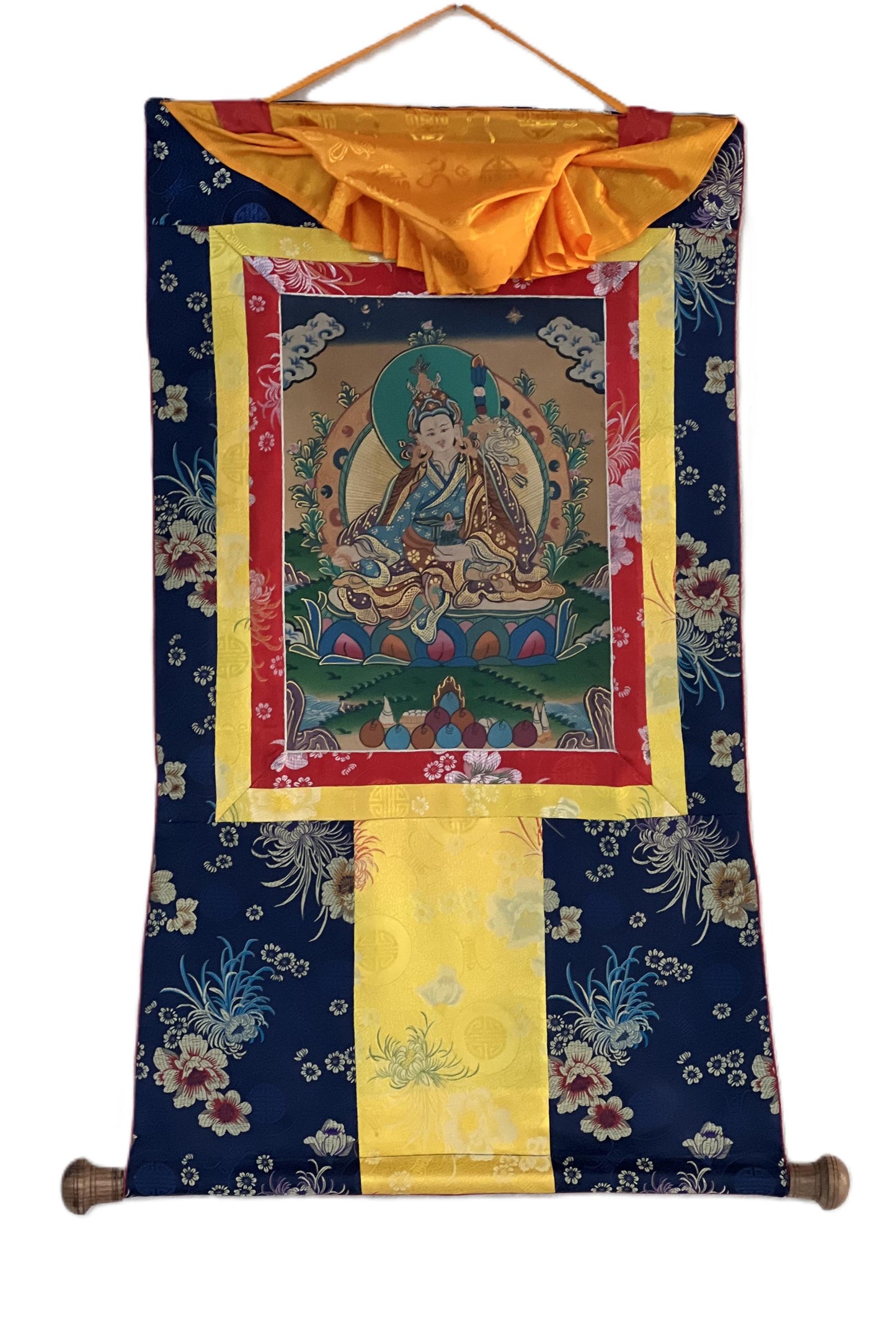 Original Hand-painted Guru Rinpoche/ PADMASAMBHAVA  Old Smoky Tibetan Thangka Painting Bordered with Silkk Brocade