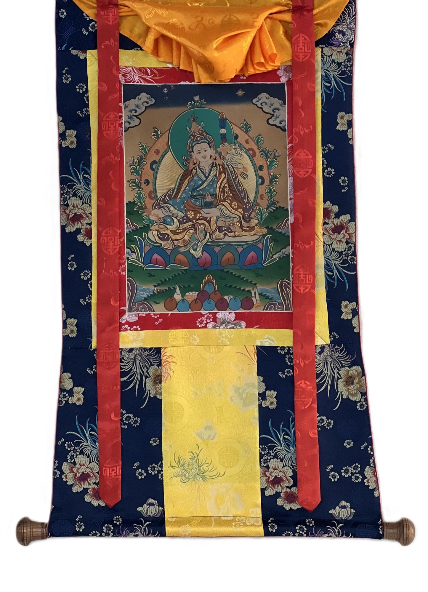 Original Hand-painted Guru Rinpoche/ PADMASAMBHAVA  Old Smoky Tibetan Thangka Painting Bordered with Silkk Brocade