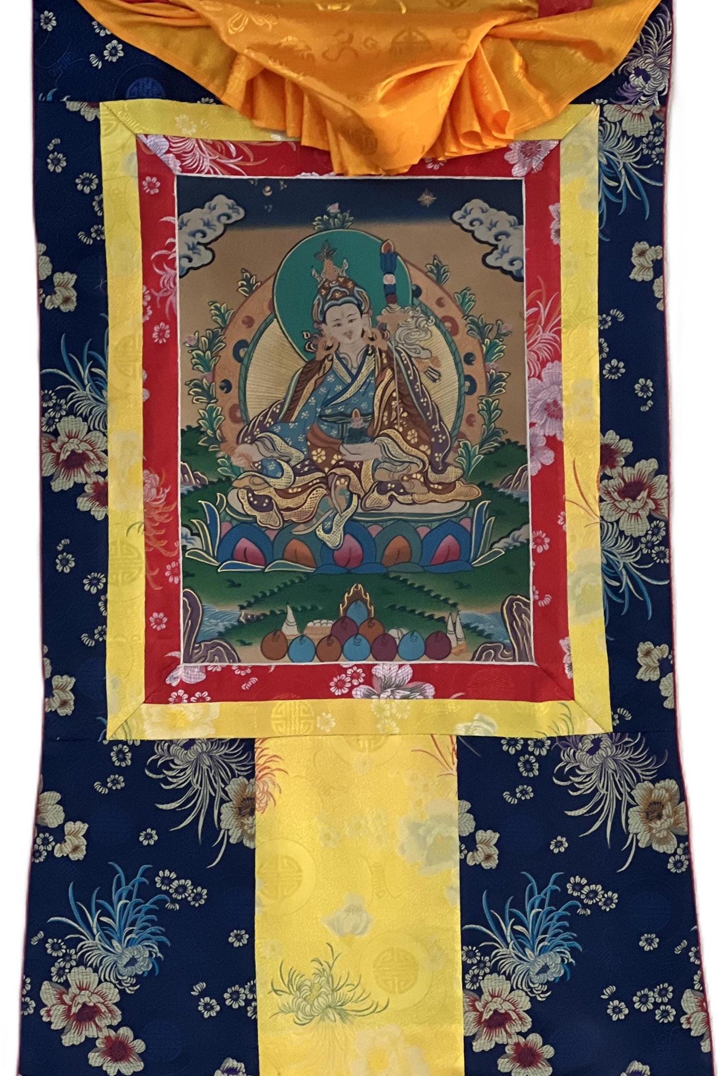 Original Hand-painted Guru Rinpoche/ PADMASAMBHAVA  Old Smoky Tibetan Thangka Painting Bordered with Silkk Brocade
