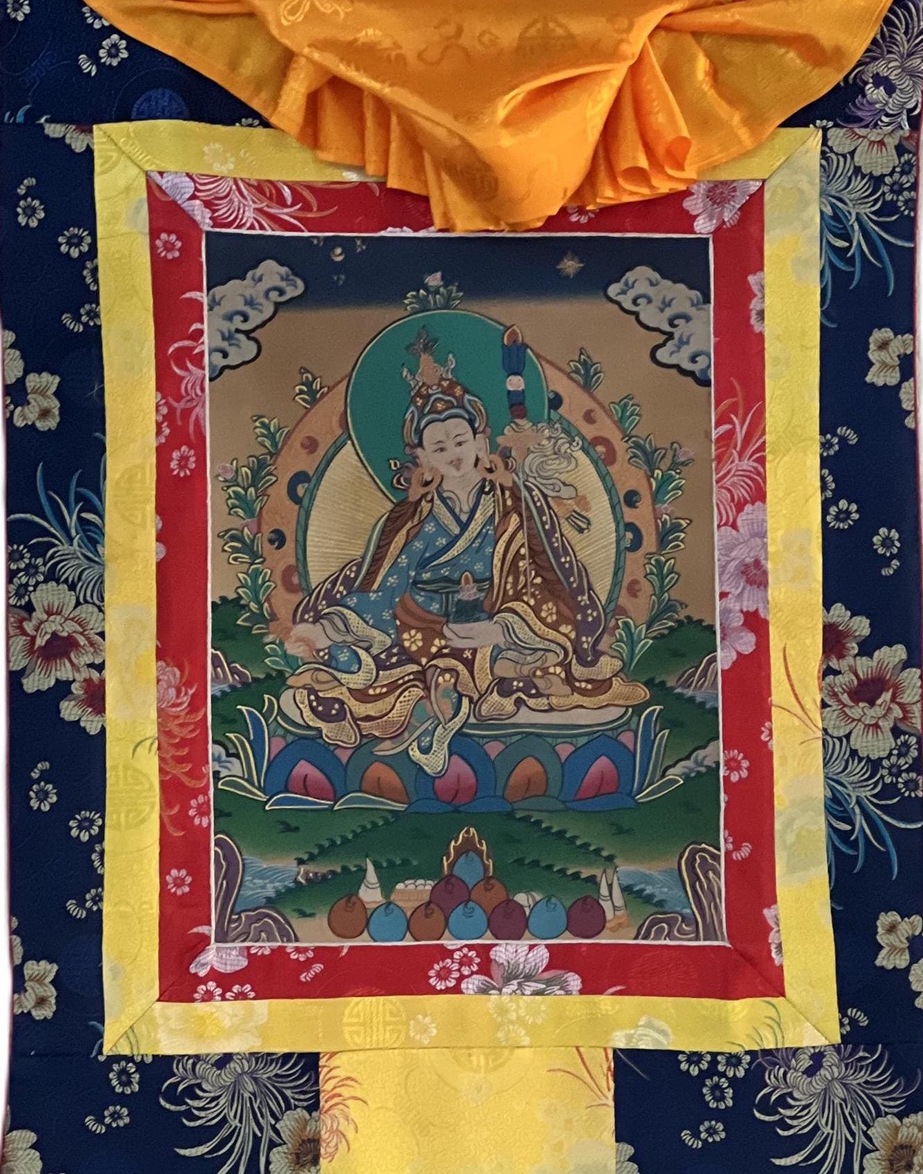 Original Hand-painted Guru Rinpoche/ PADMASAMBHAVA  Old Smoky Tibetan Thangka Painting Bordered with Silkk Brocade