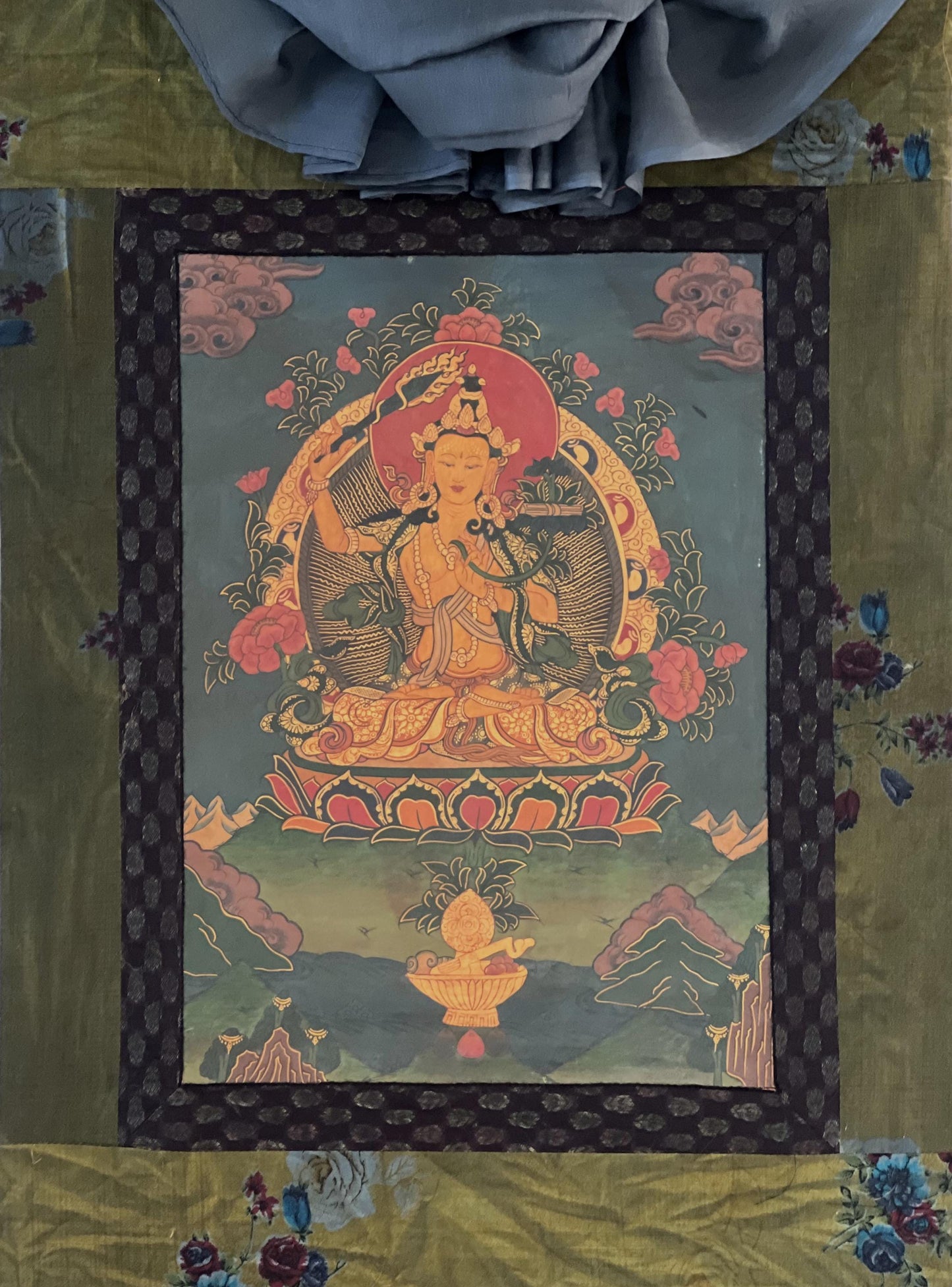 Hand-Painted Manjushri Bodhisattva Thangka, Cotton Brocade, Tibetan Art