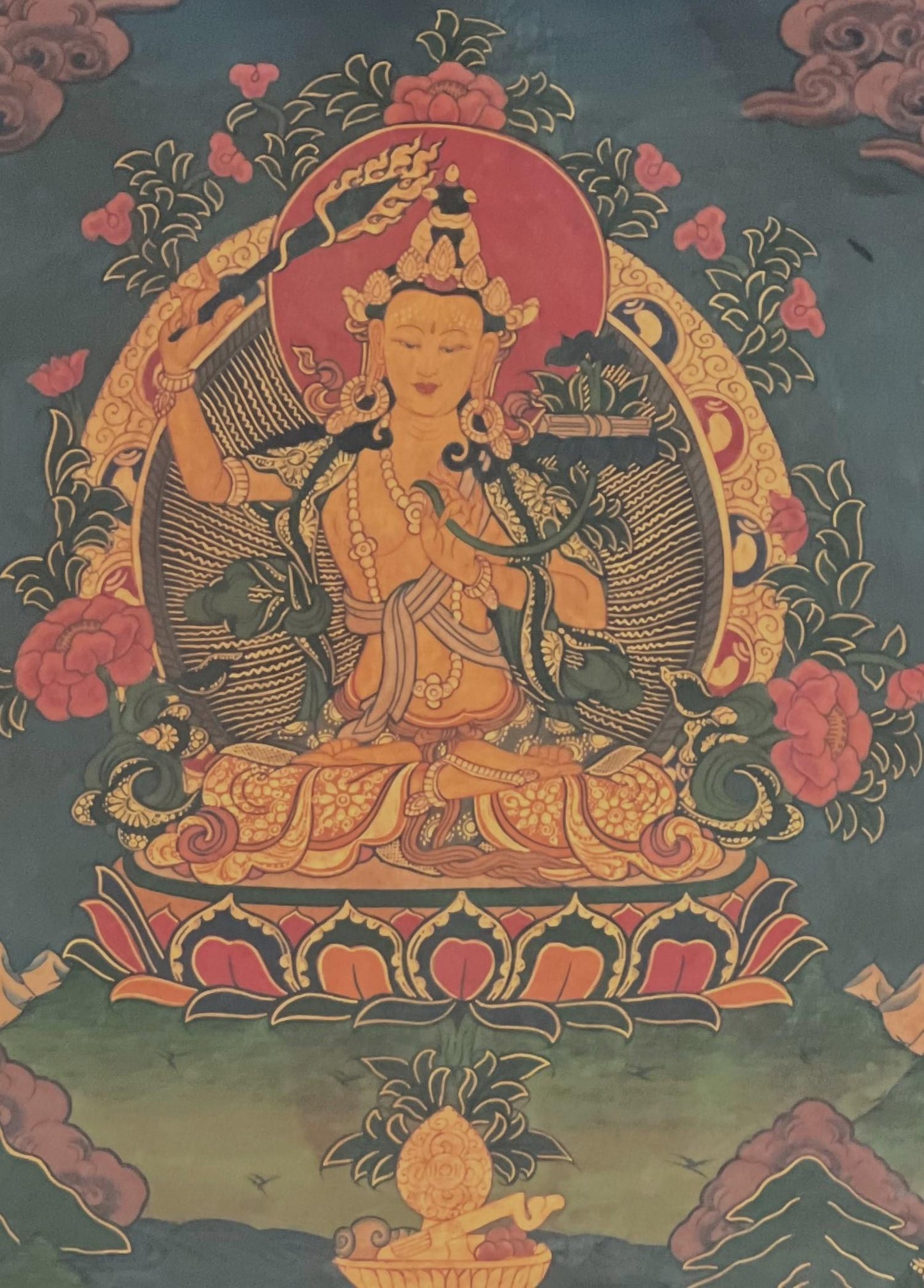 Hand-Painted Manjushri Bodhisattva Thangka, Cotton Brocade, Tibetan Art