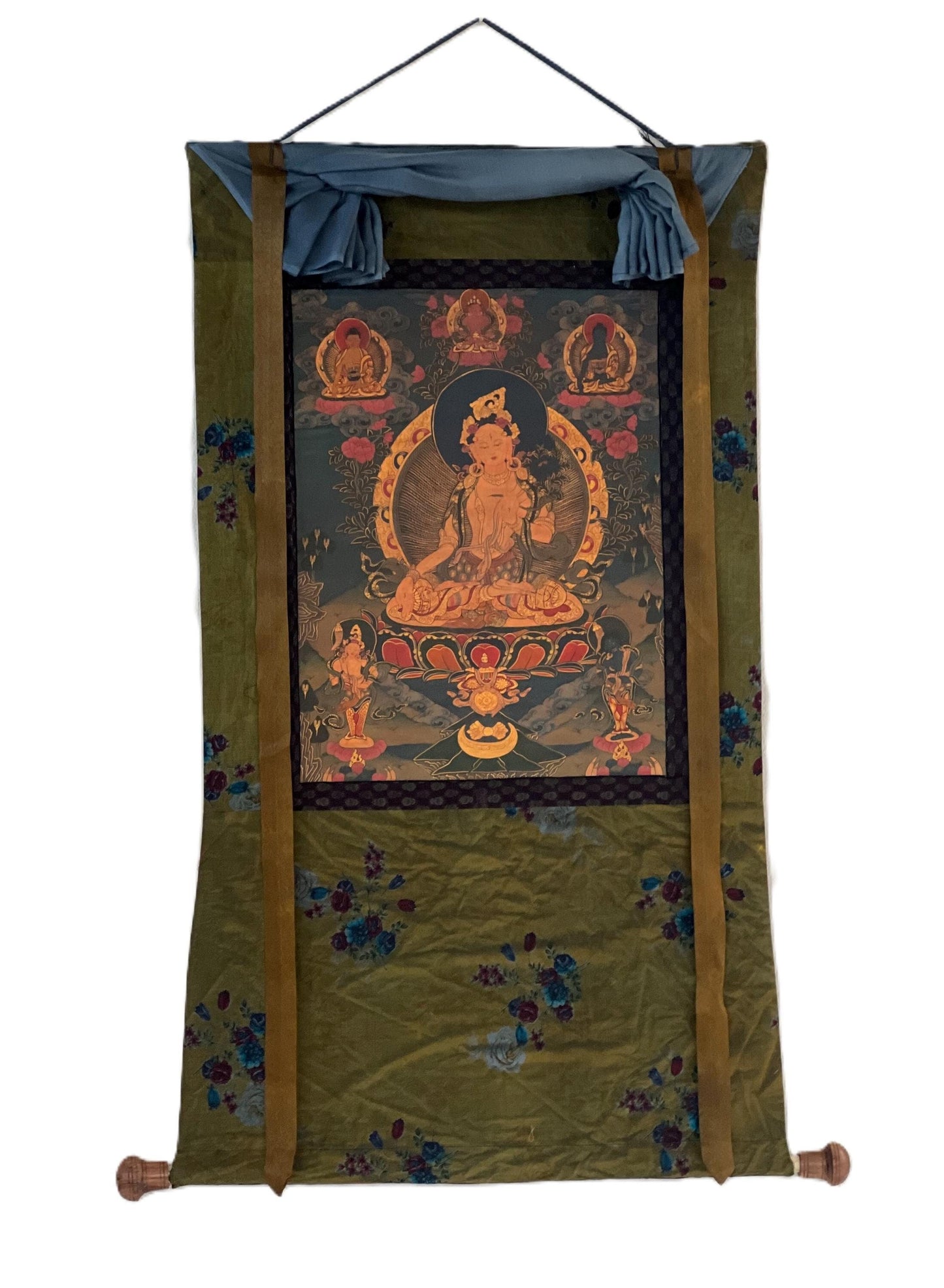 Hand-Painted White Tara Thangka, Old Oil-Varnished Tibetan Art