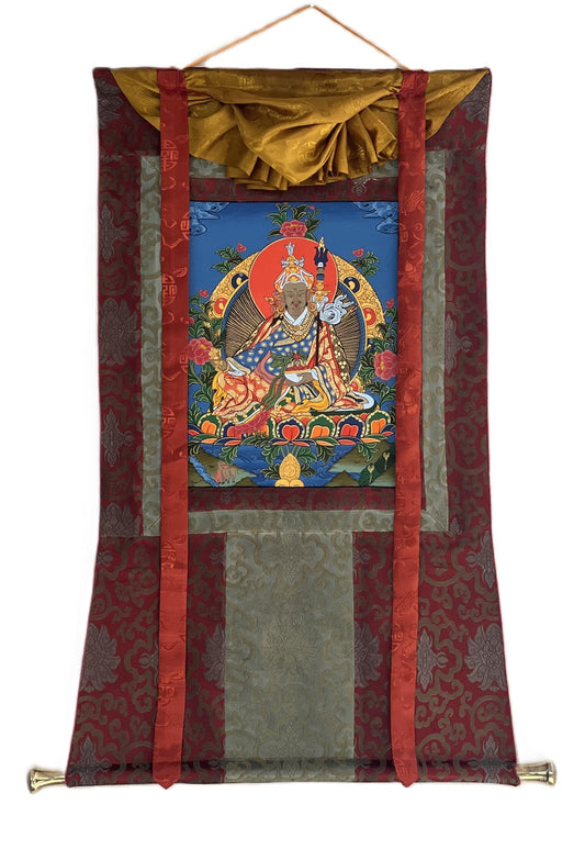 Original Hand-painted Padmasambhava/ Guru Rinpoche/ Masterpiece Tibetan Thangka Painting/ Buddhist Art with Silk Brocade