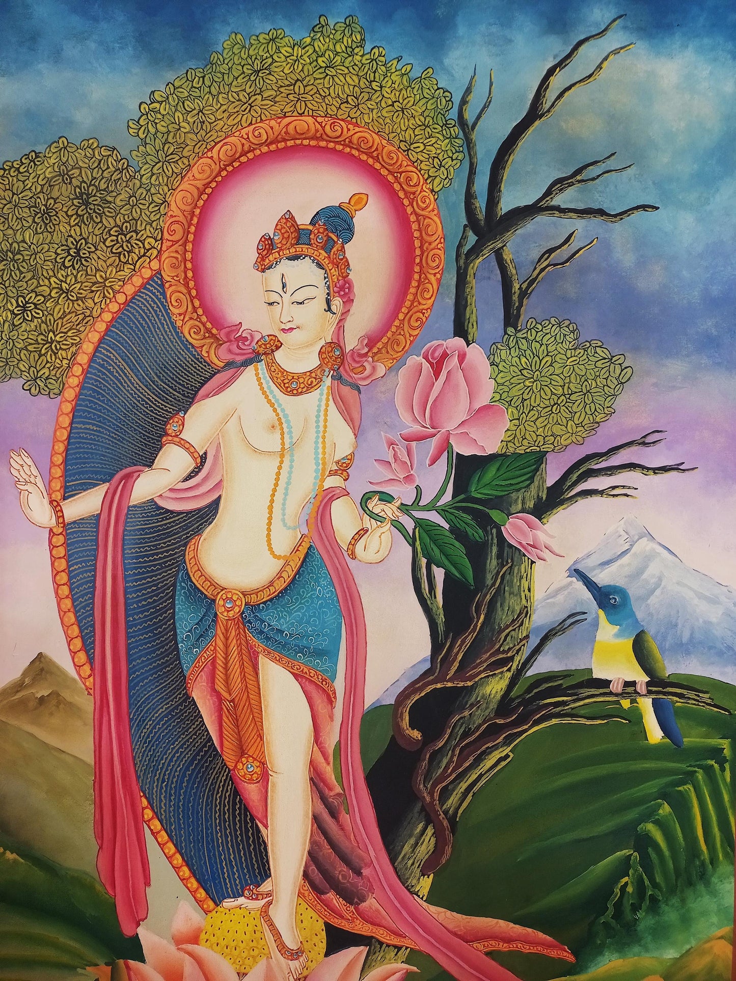 White Tara Thangka Painting, Newari Paubha Art, Handmade Cotton Canvas