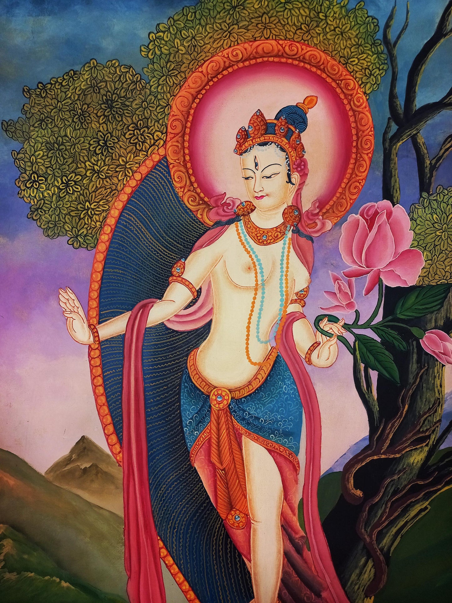 White Tara Thangka Painting, Newari Paubha Art, Handmade Cotton Canvas