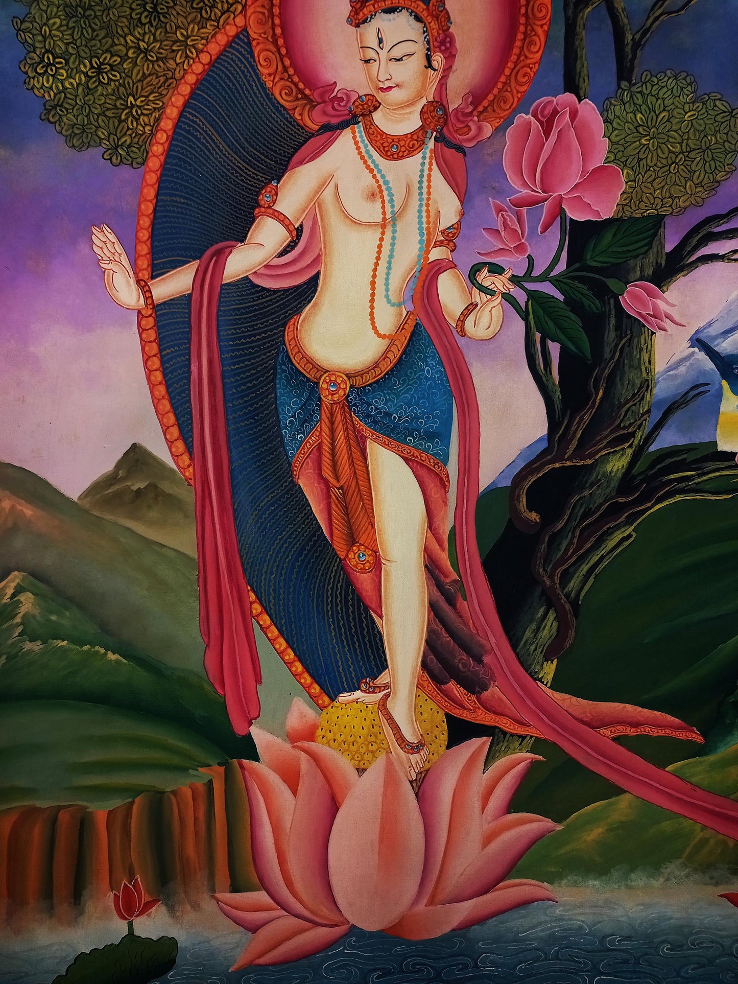 White Tara Thangka Painting, Newari Paubha Art, Handmade Cotton Canvas
