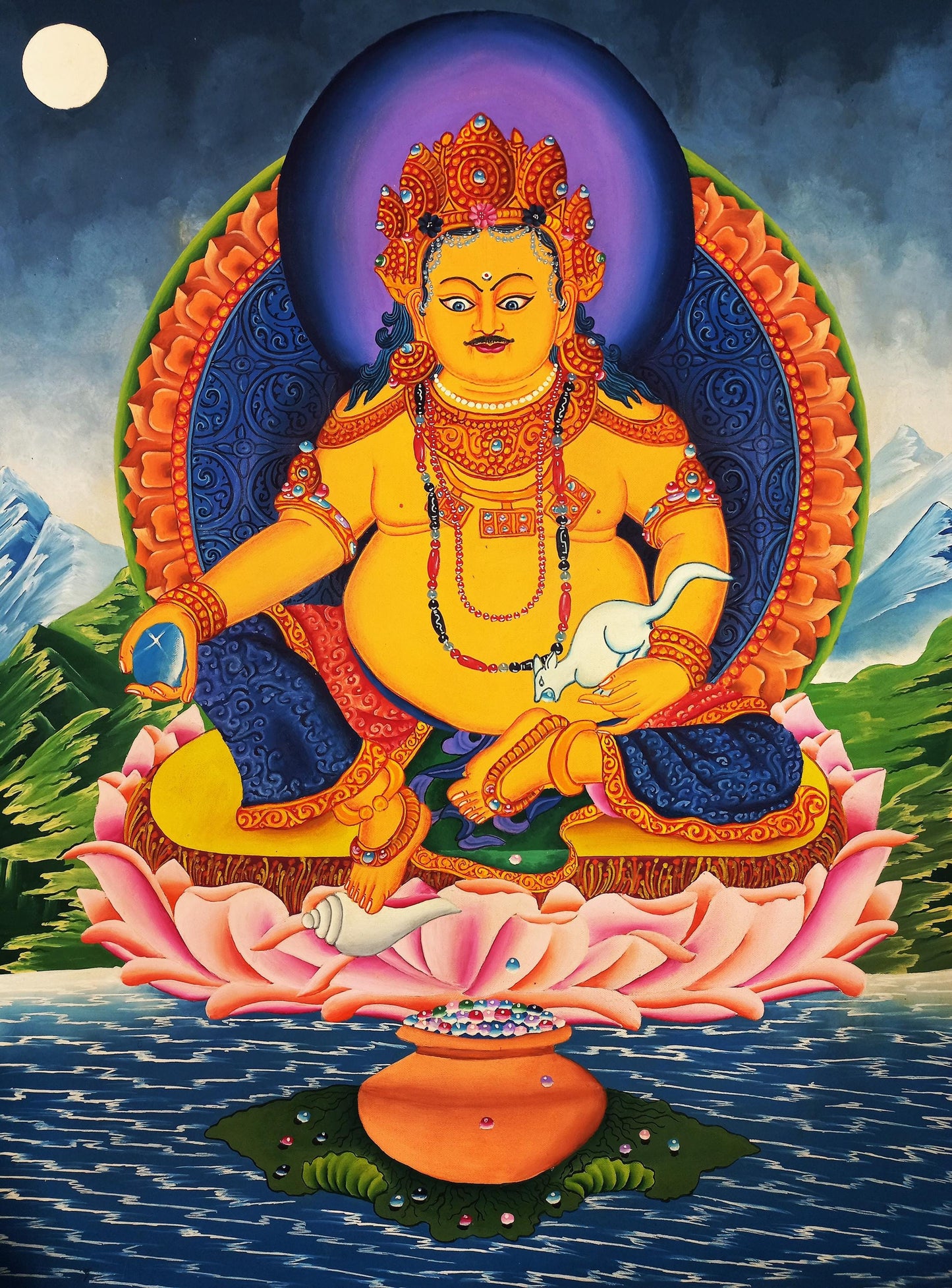 Hand-Painted Jambhala Thangka Painting: God of Wealth, Tibetan Art