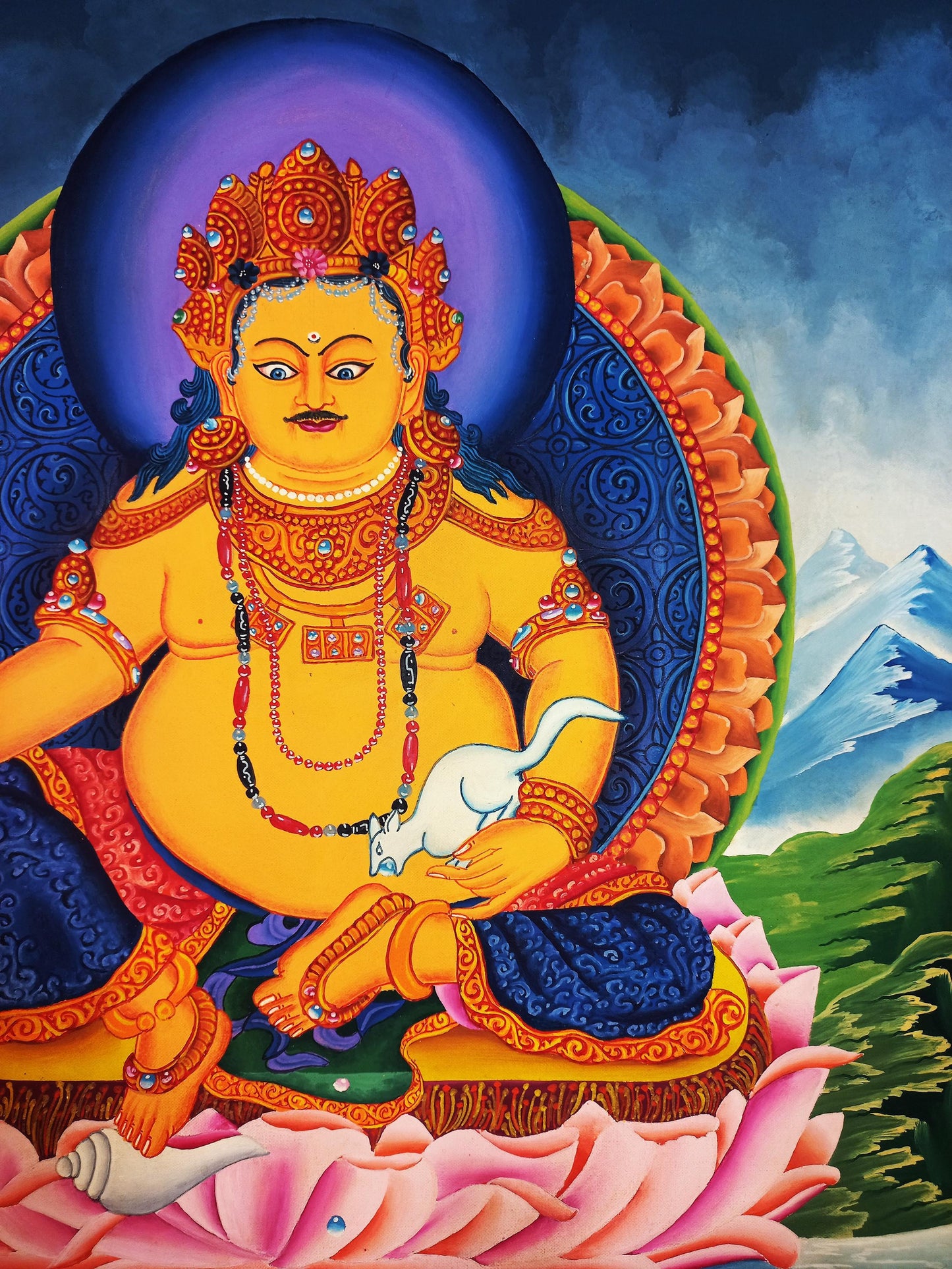 Hand-Painted Jambhala Thangka Painting: God of Wealth, Tibetan Art