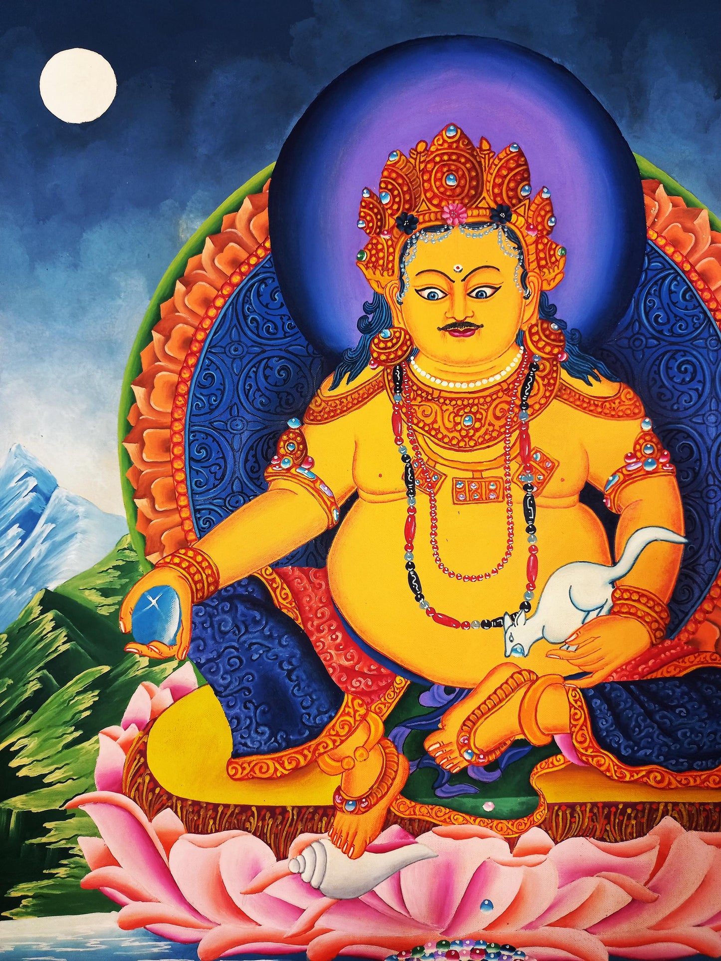 Hand-Painted Jambhala Thangka Painting: God of Wealth, Tibetan Art
