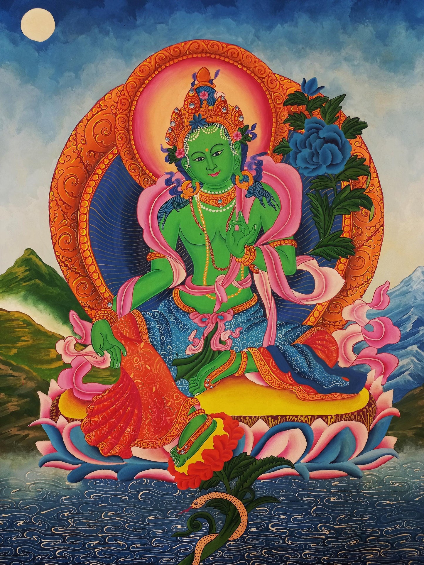 Green Tara Thangka Painting | Hand-Painted Newari Paubha Art