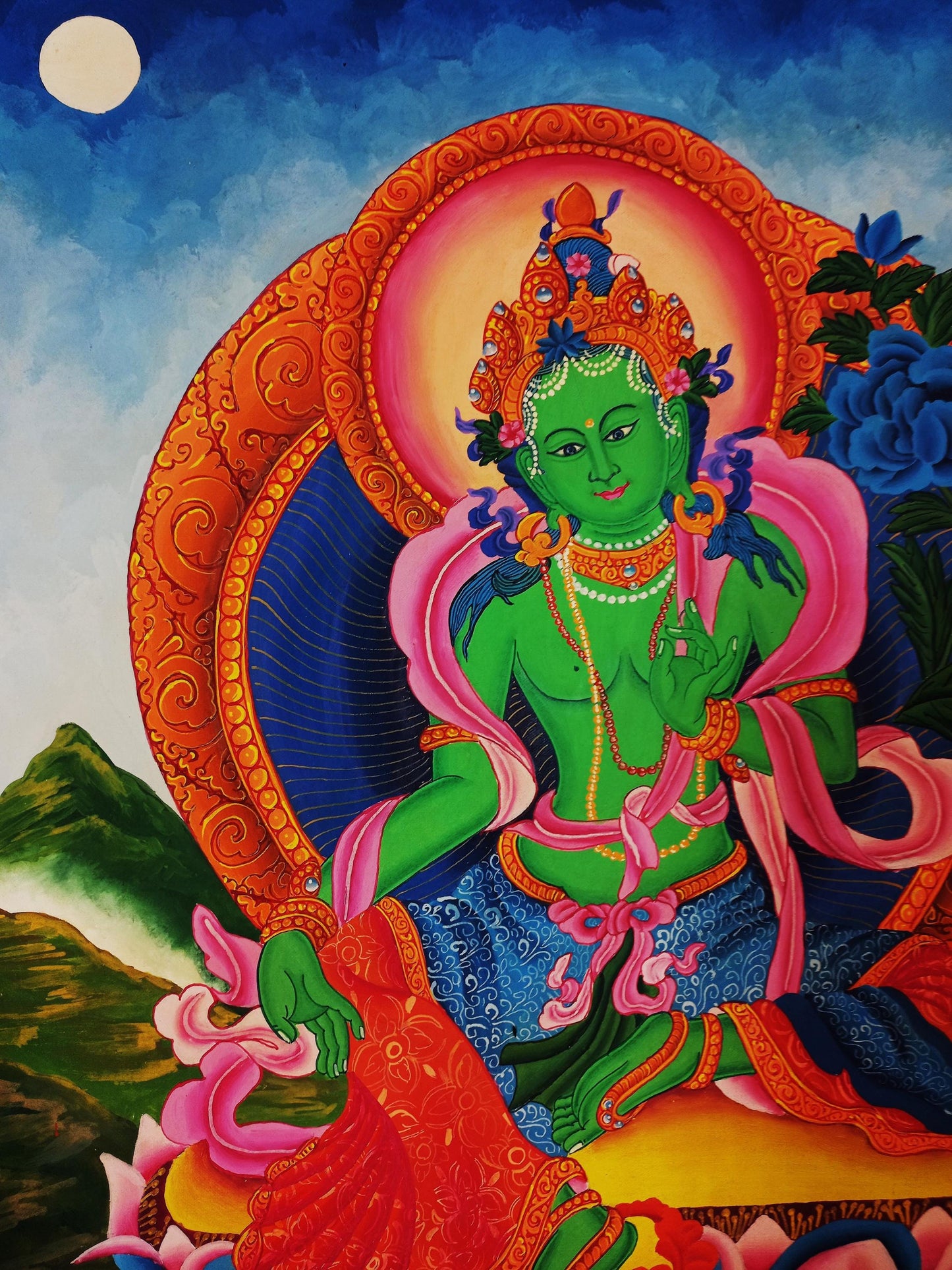 Green Tara Thangka Painting | Hand-Painted Newari Paubha Art