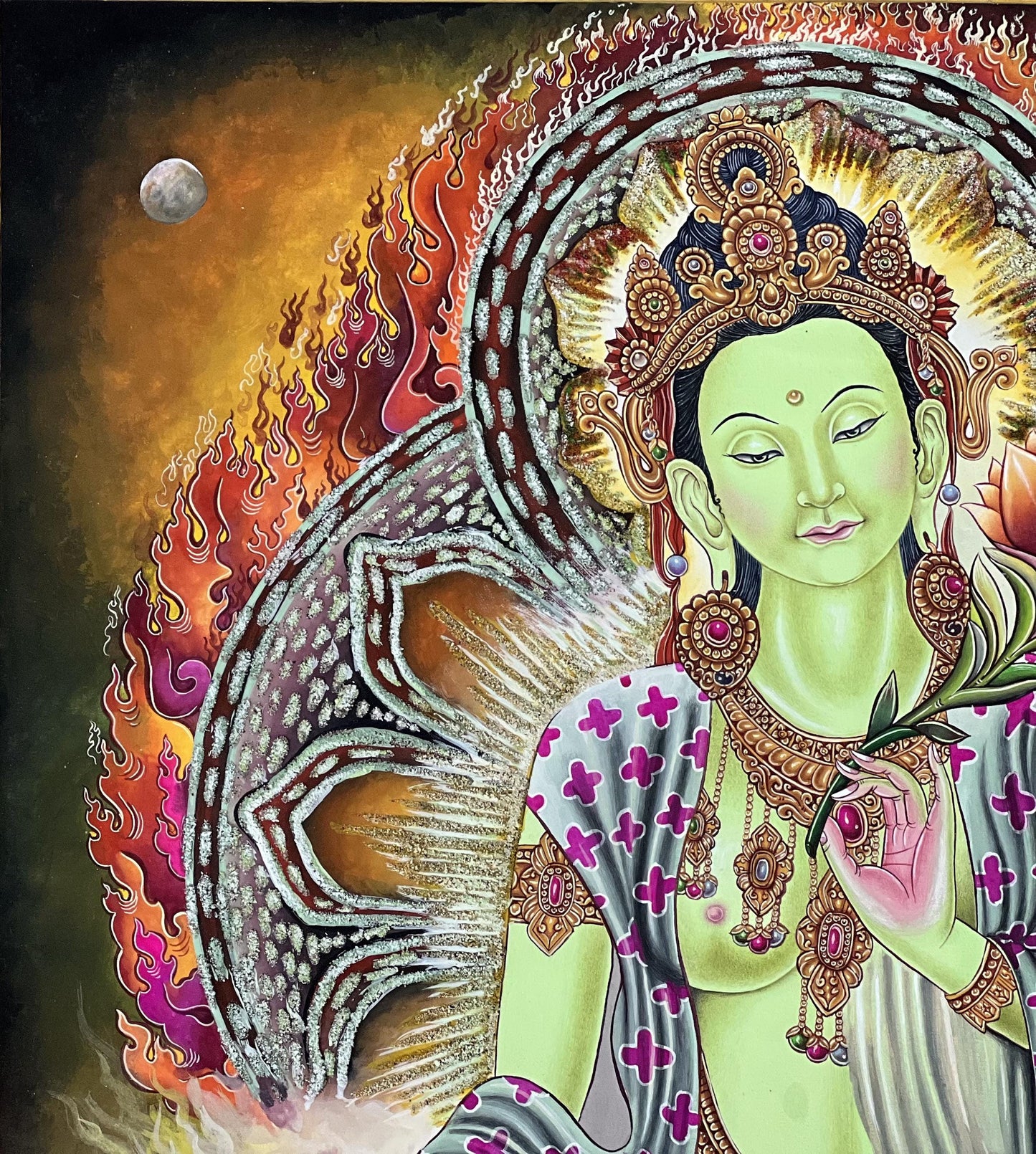 Green Tara Thangka Painting – Newari Paubha Art, Gold & Stone Powder