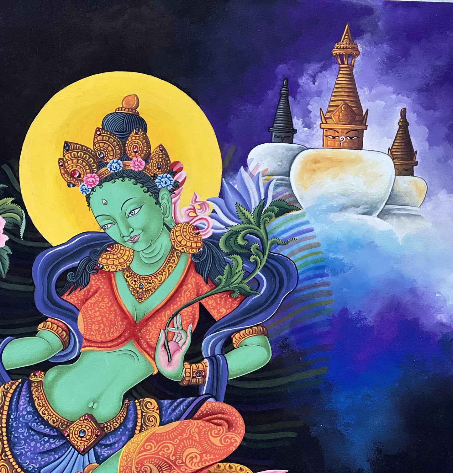 Green Tara Thangka Painting, Newari Pauva Art, Handmade Cotton Canvas