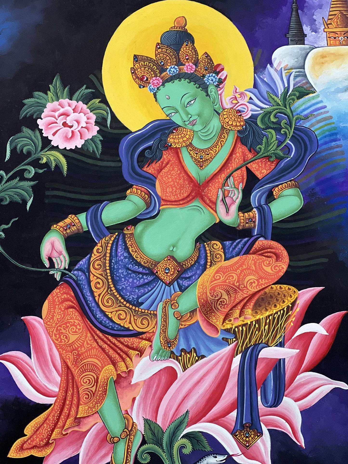 Green Tara Thangka Painting, Newari Pauva Art, Handmade Cotton Canvas