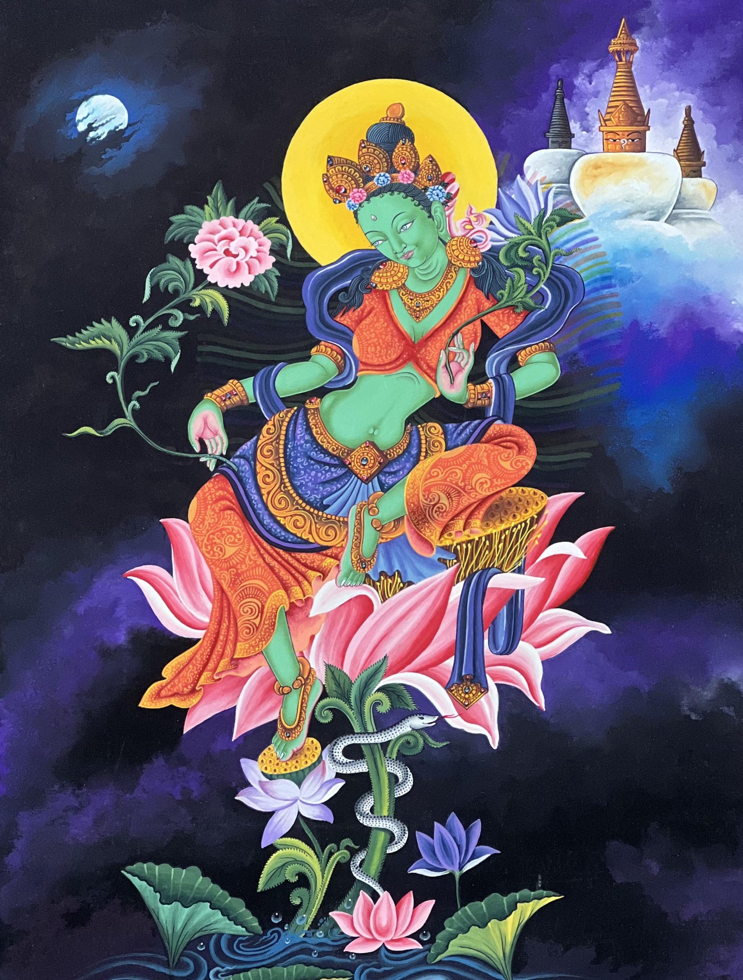 Green Tara Thangka Painting, Newari Pauva Art, Handmade Cotton Canvas