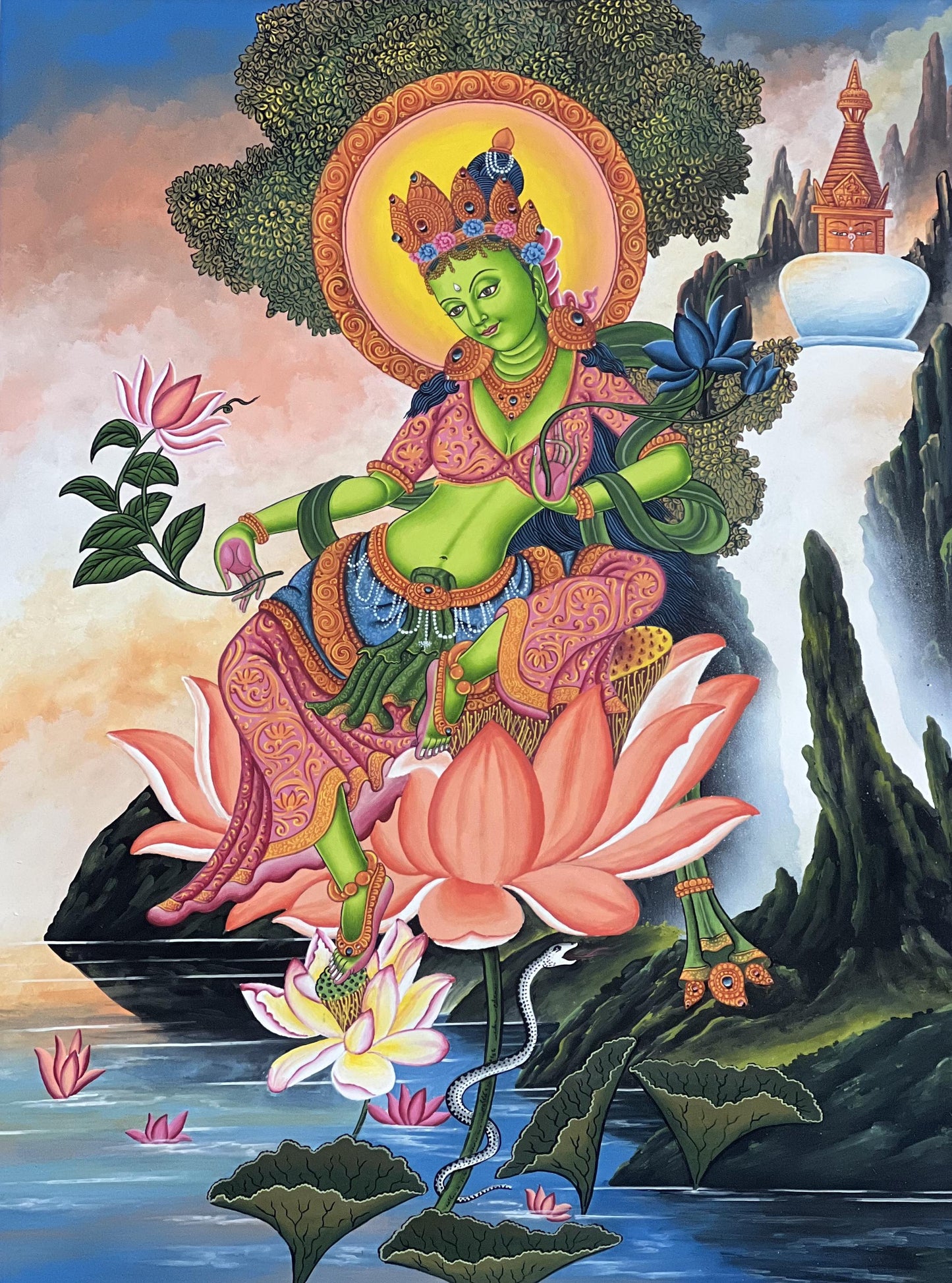 Green Tara Newari Paubha Painting – Hand-Painted Himalayan Art | Original Buddhist Thangka