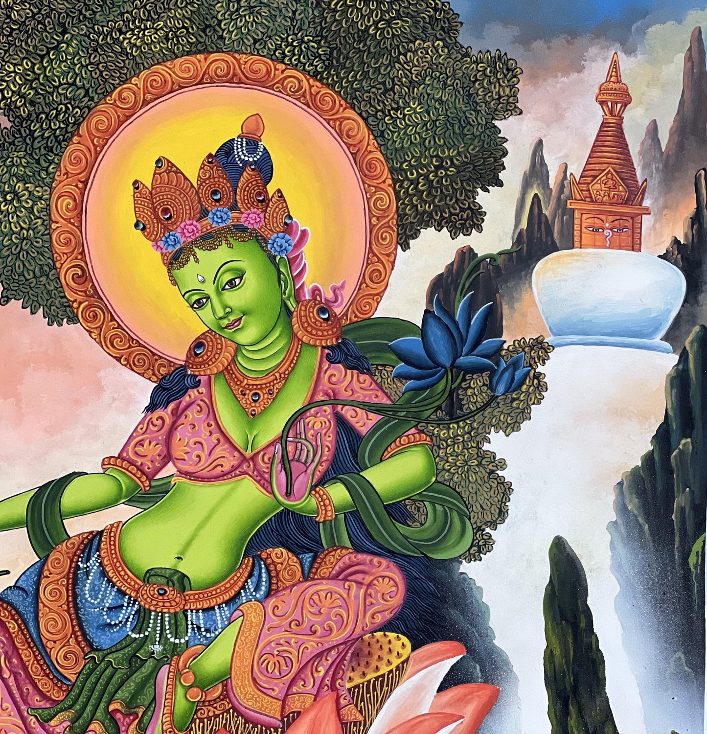 Green Tara Newari Paubha Painting – Hand-Painted Himalayan Art | Original Buddhist Thangka