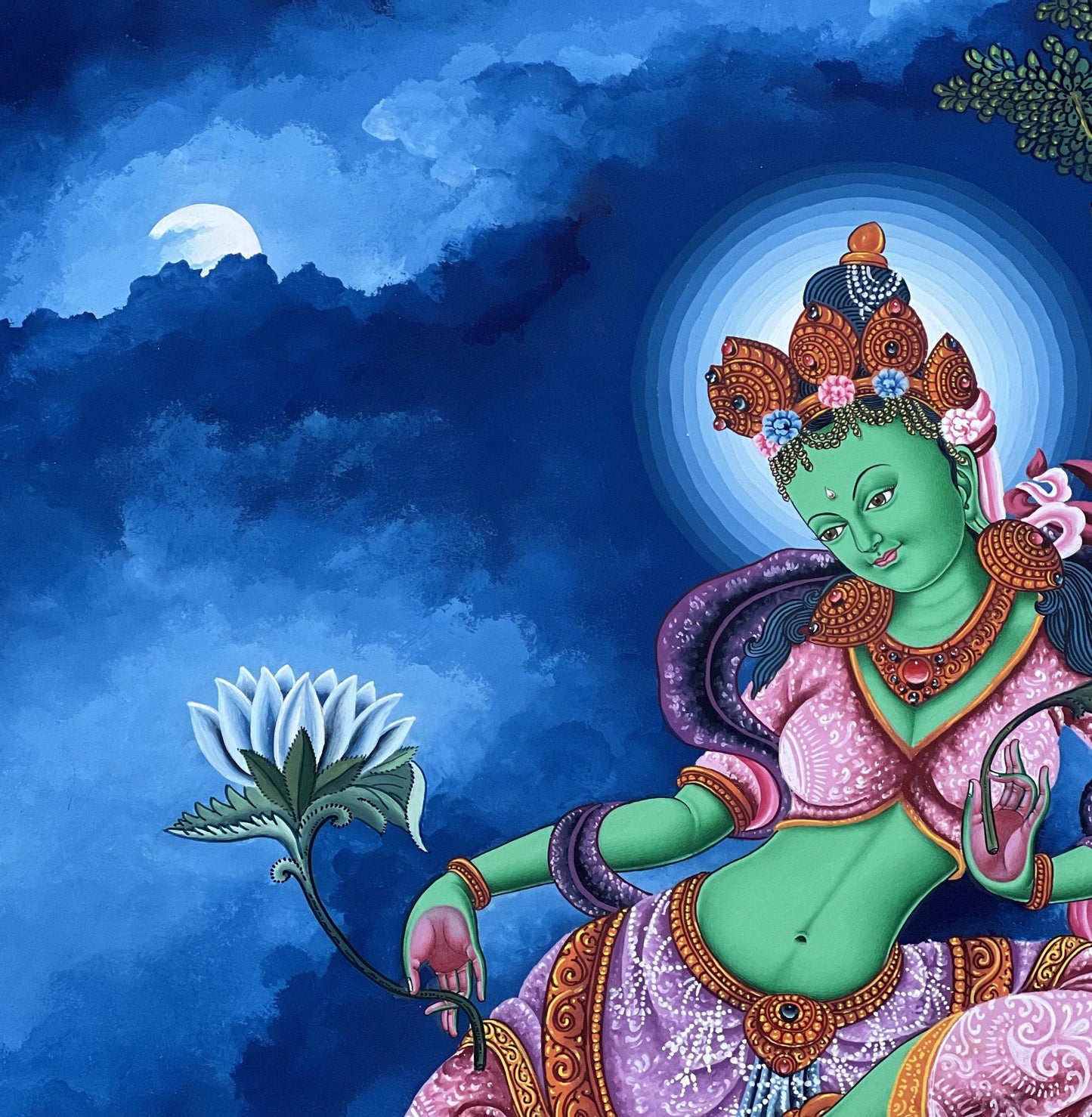Green Tara Thangka Painting: Newari Paubha, Handmade Cotton Canvas