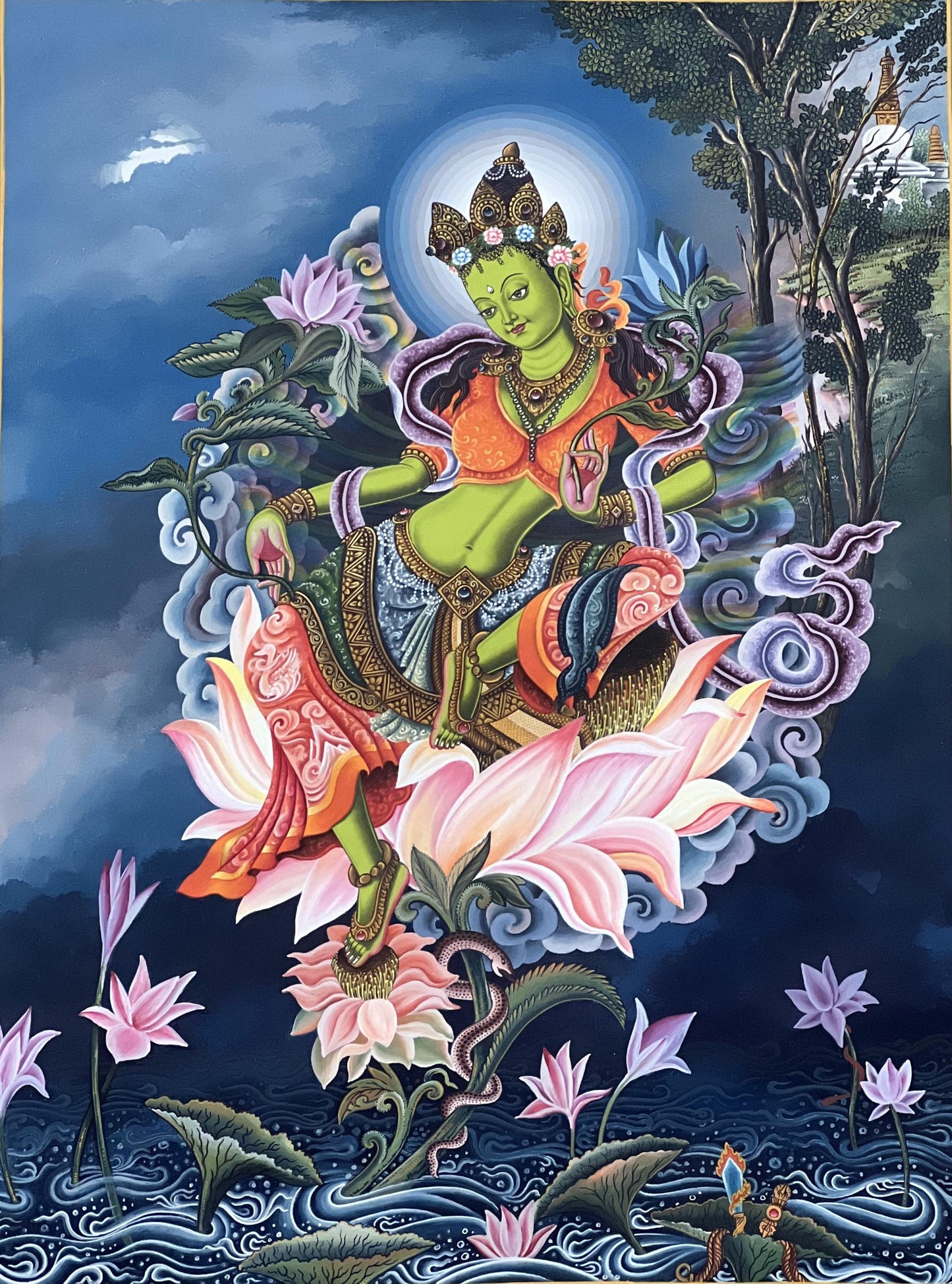 Green Tara Thangka Painting, Newari Pauva Art, Tibetan Buddhism
