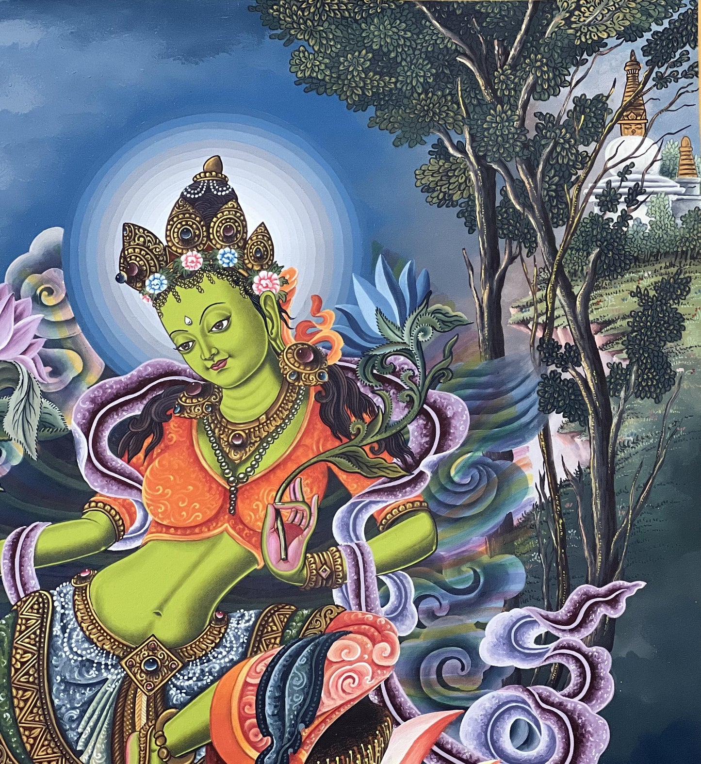 Green Tara Thangka Painting, Newari Pauva Art, Tibetan Buddhism