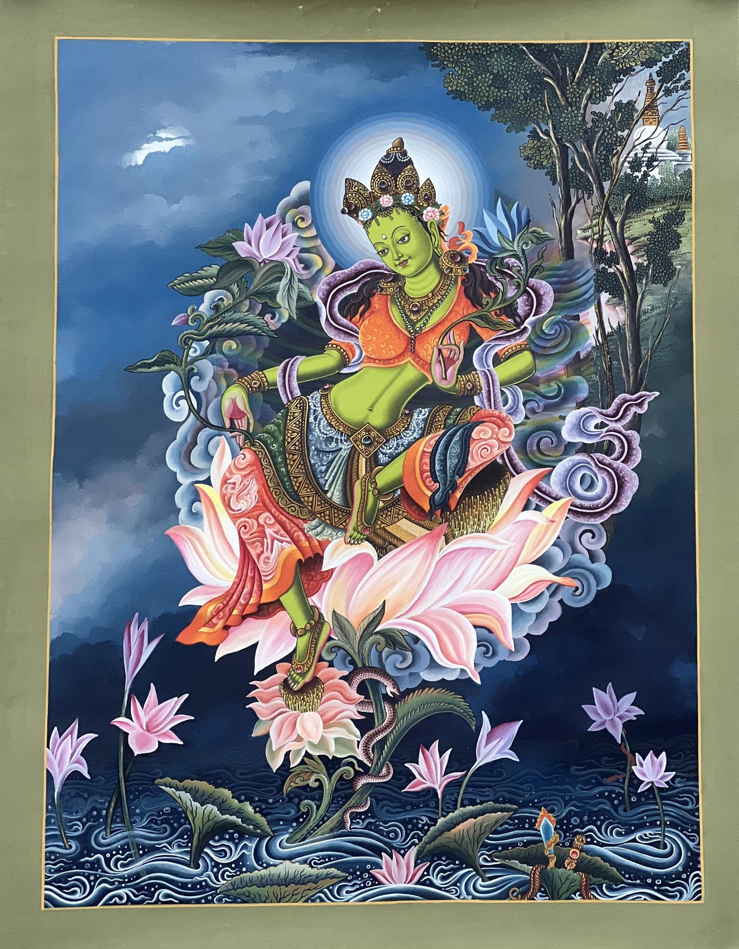 Green Tara Thangka Painting, Newari Pauva Art, Tibetan Buddhism