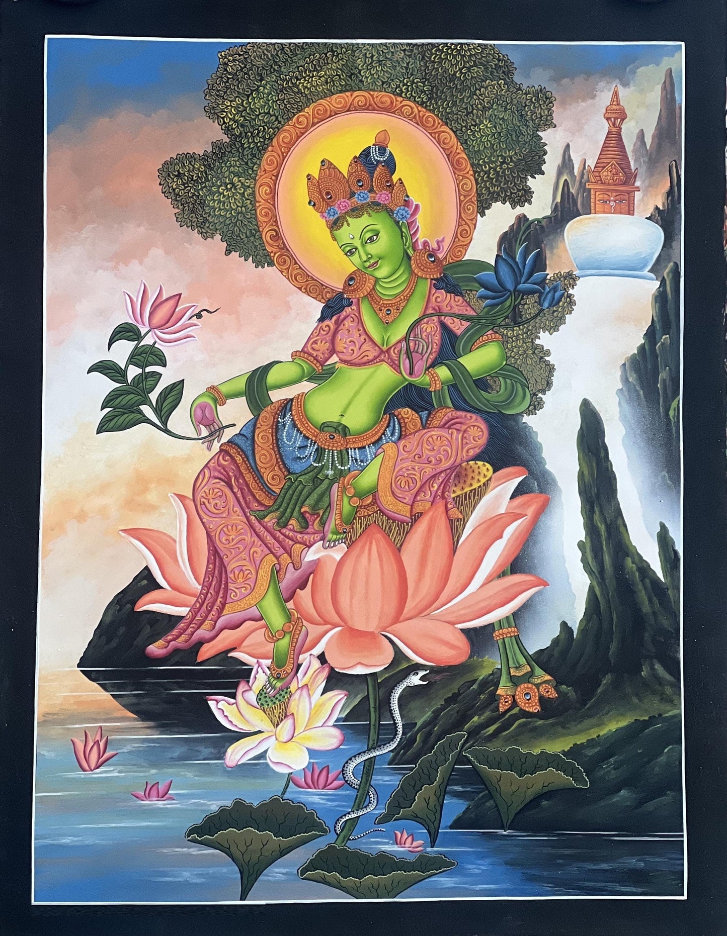Green Tara Newari Paubha Painting – Hand-Painted Himalayan Art | Original Buddhist Thangka