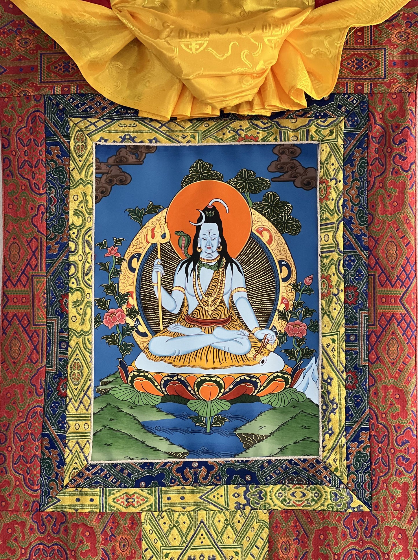Hand-Painted Lord Shiva Thangka Painting with Silk Brocade