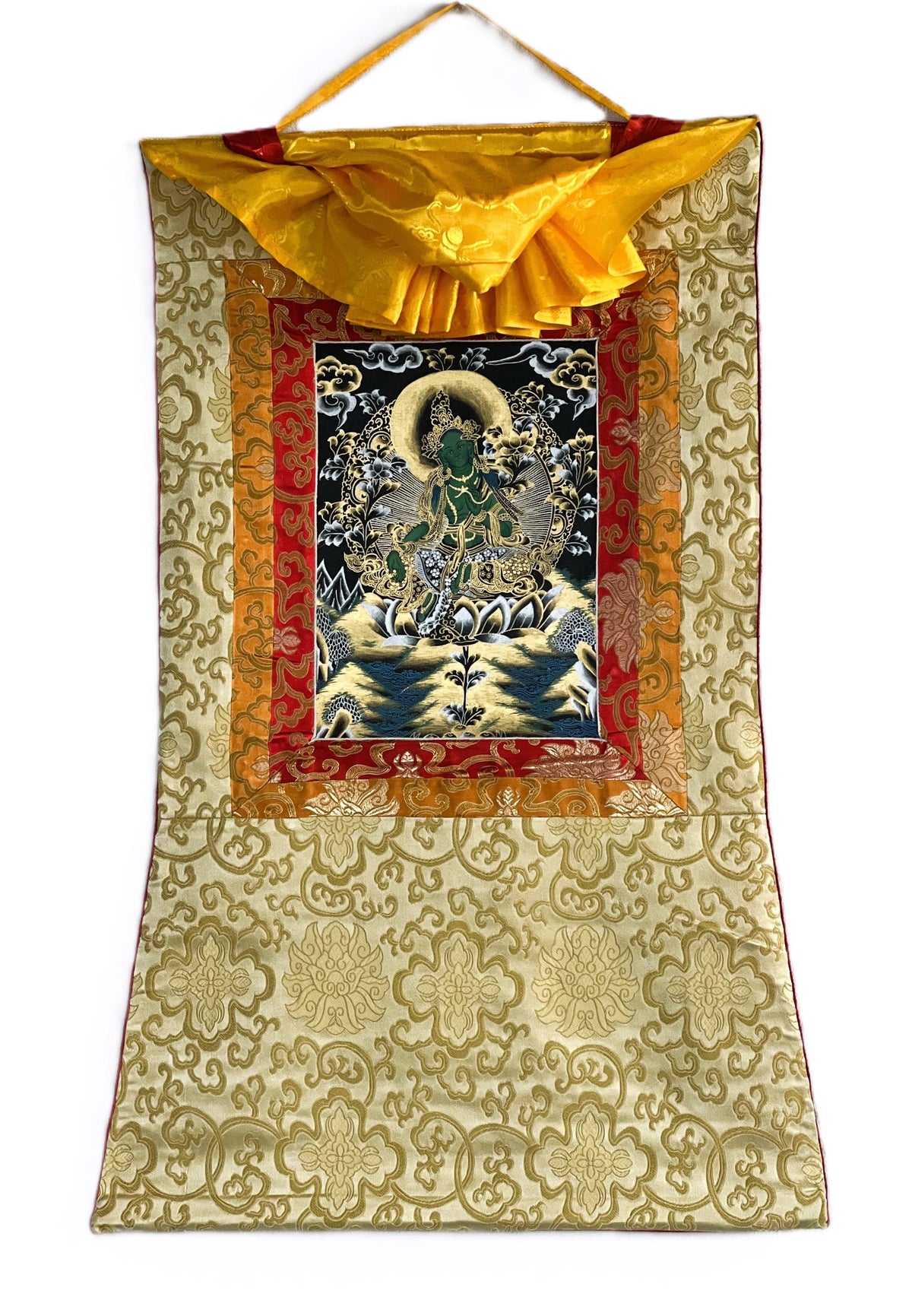 Green Tara Tibetan Thangka Painting, Buddhist Art with Silk Frame