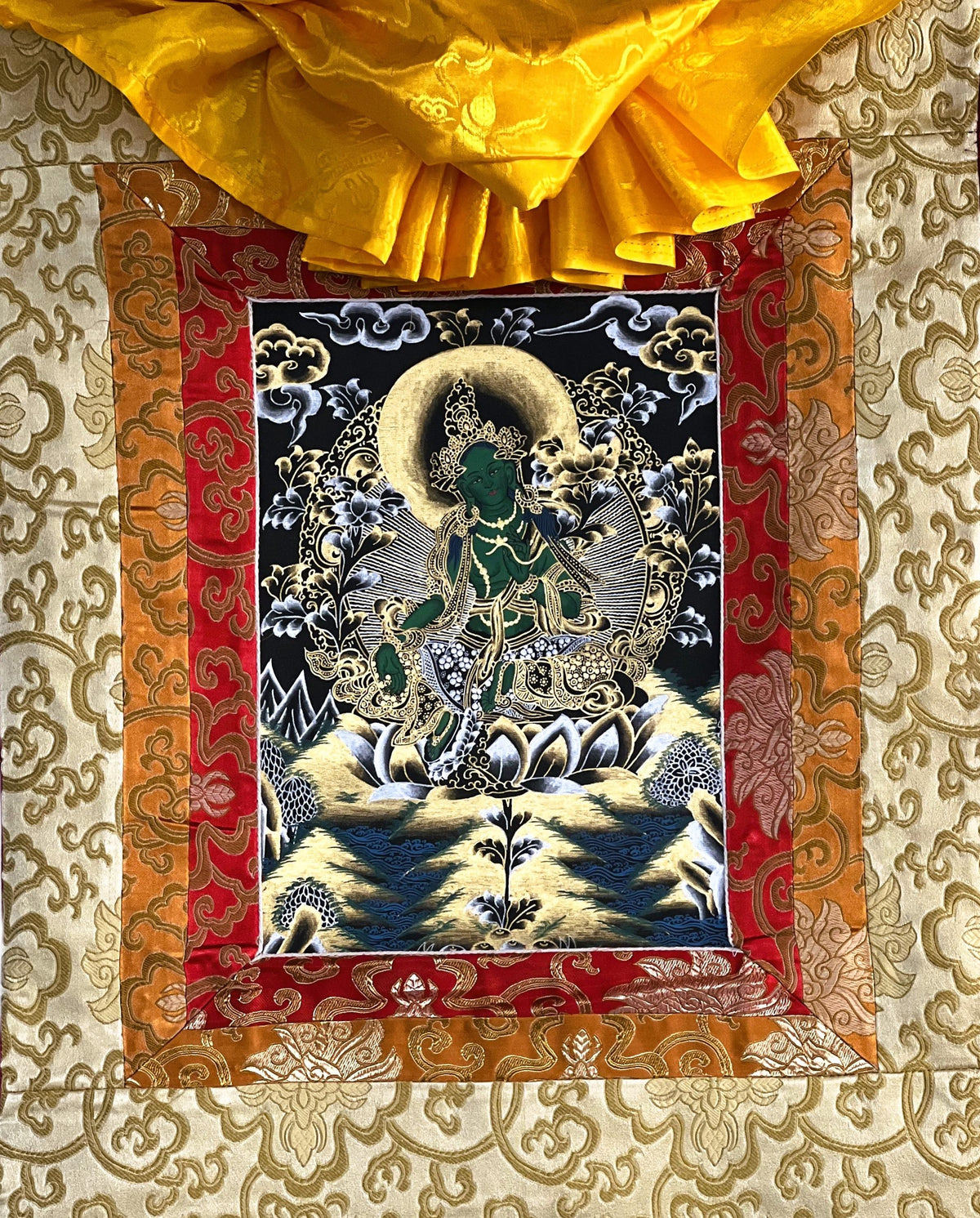 Green Tara Tibetan Thangka Painting, Buddhist Art with Silk Frame