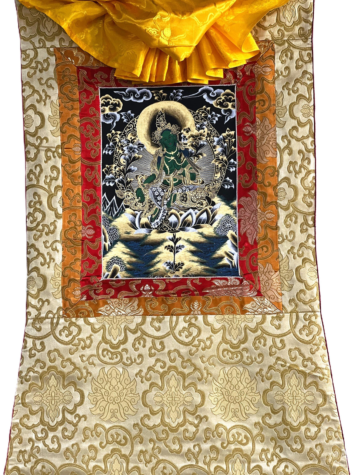 Green Tara Tibetan Thangka Painting, Buddhist Art with Silk Frame