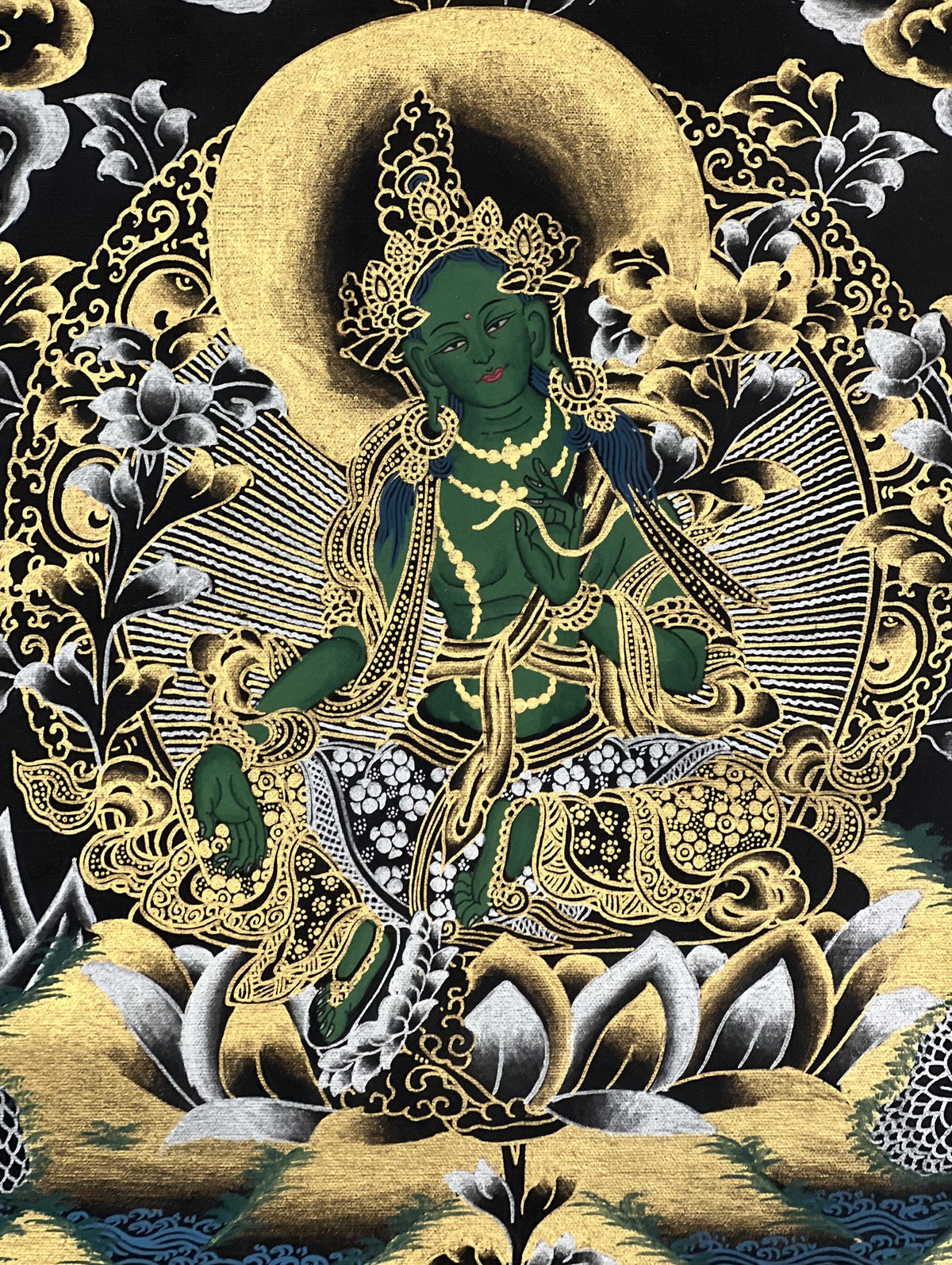 Green Tara Tibetan Thangka Painting, Buddhist Art with Silk Frame